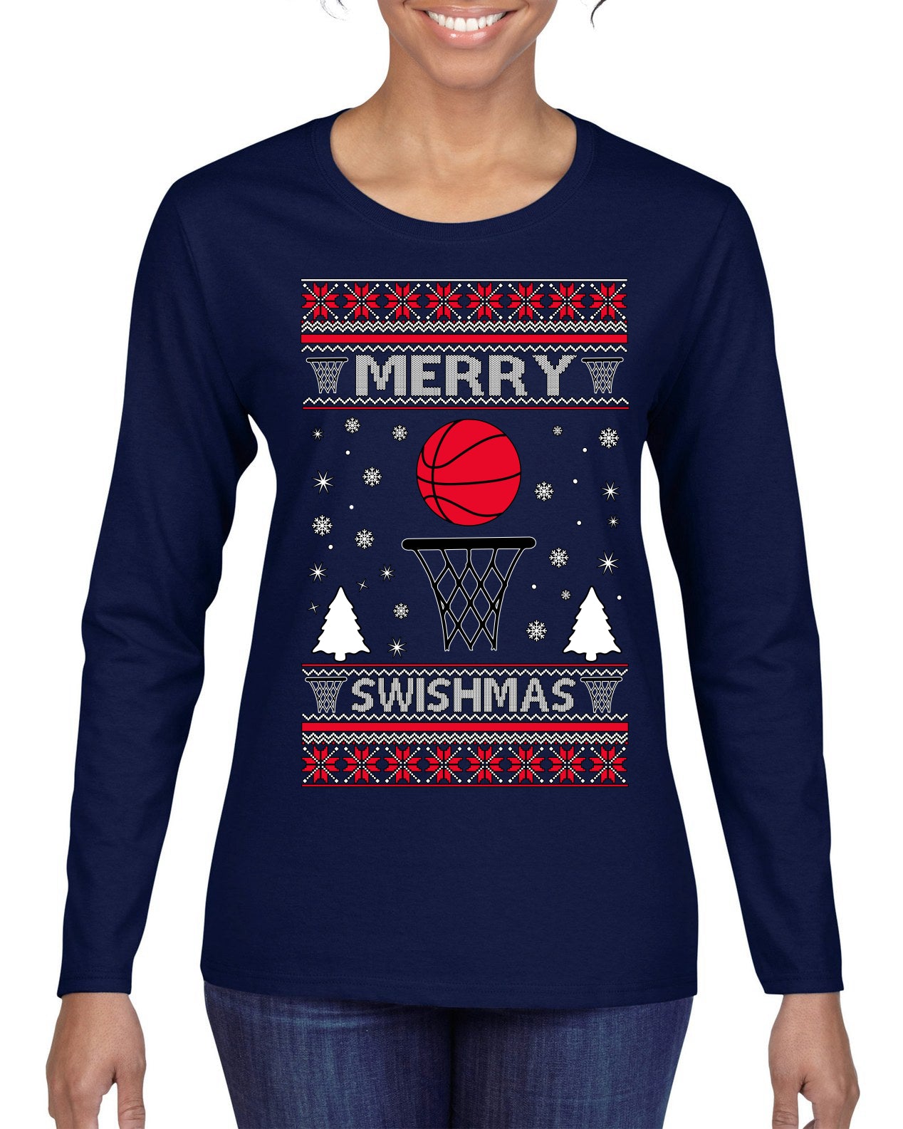 Merry Swishmas Basketball Sports Ugly Christmas Sweater Womens Graphic Long Sleeve T-Shirt