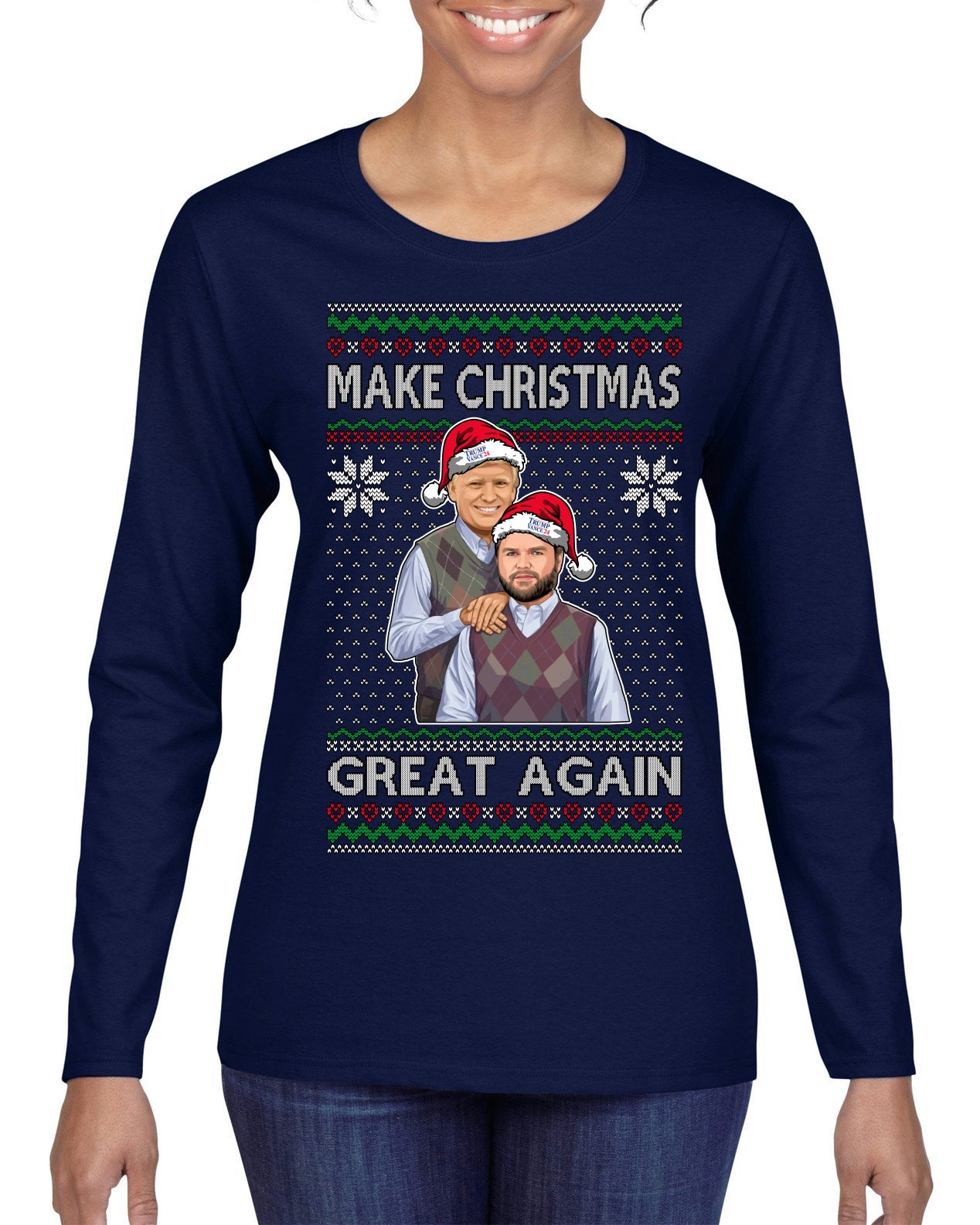 Make Christmas Great Again Trump Vance 2024 Movie Parody Ugly Christmas Sweater Womens Graphic Long Sleeve T-Shirt