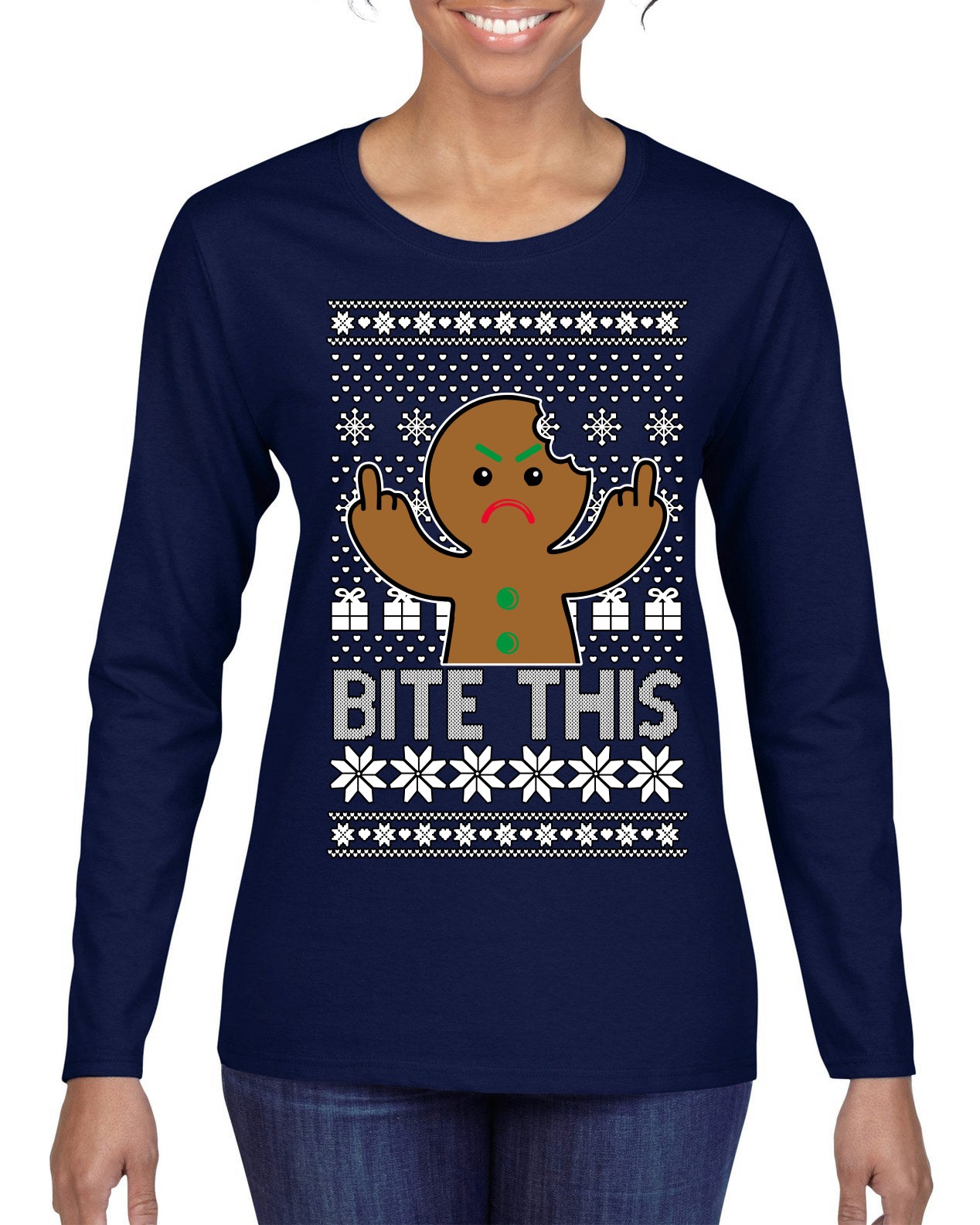 Bite This, Funny Gingerbread Cookie Offensive Inappropriate Middle Finger, F U Ginger Bread Dirty Novelty Xmas Ugly Christmas Sweater Womens Graphic Long Sleeve T-Shirt