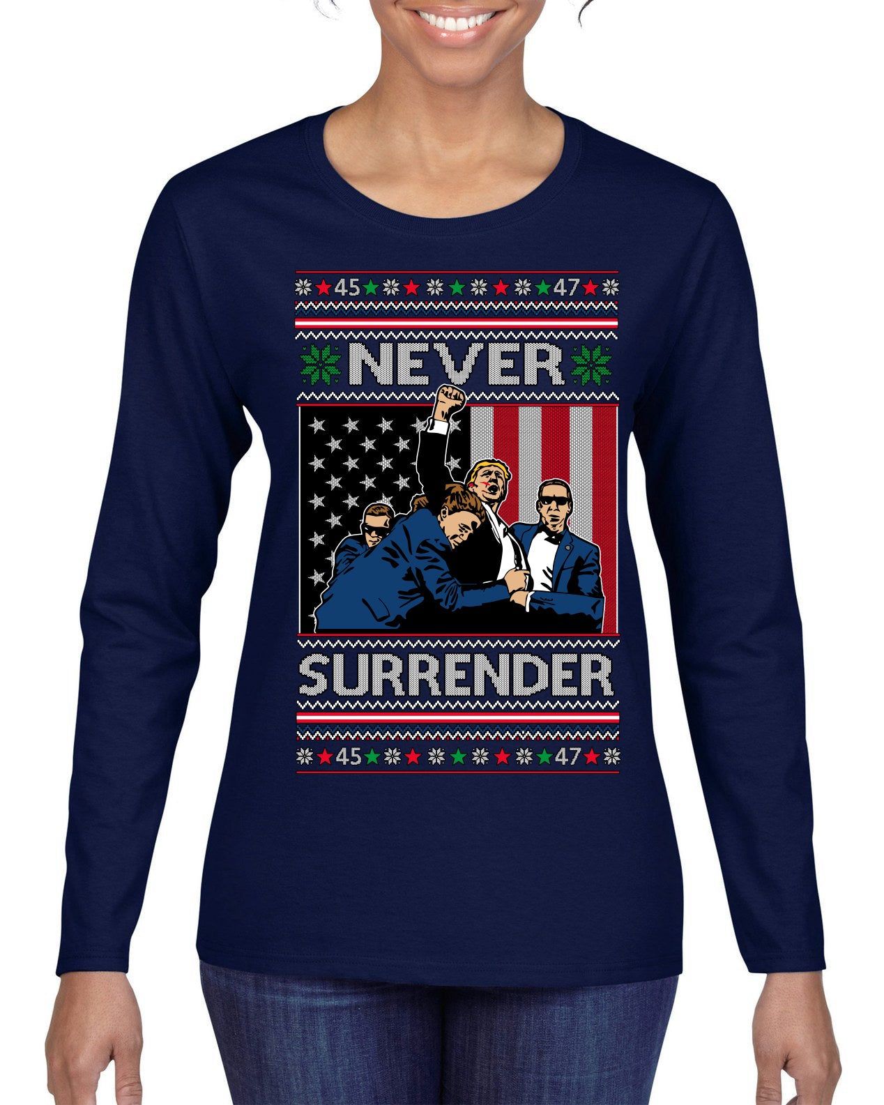 Never Surrender Pro Donald Trump Fight Fist Pump 2024 Ugly Christmas Sweater Womens Graphic Long Sleeve T-Shirt