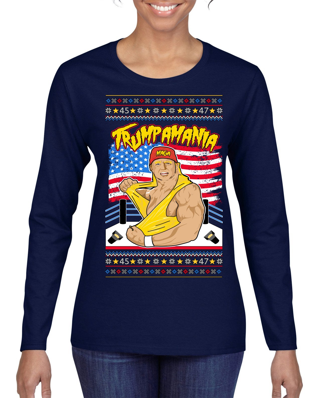 Trumpamania Funny Hogan 80s USA Wrestling Sports Parody Ugly Christmas Sweater Womens Graphic Long Sleeve T-Shirt