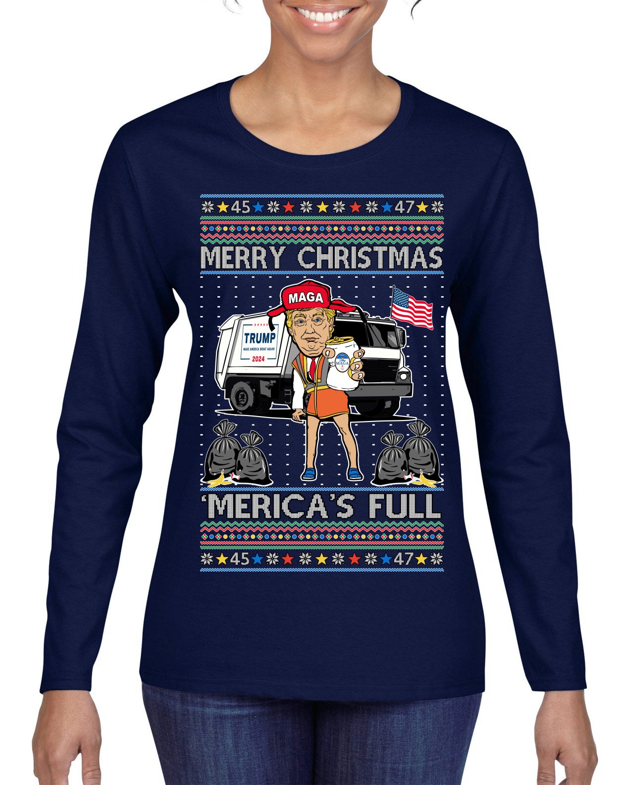 Donald Trump Merry Christmas Merica's Full Garbage Truck Ugly Christmas Sweater Womens Graphic Long Sleeve T-Shirt