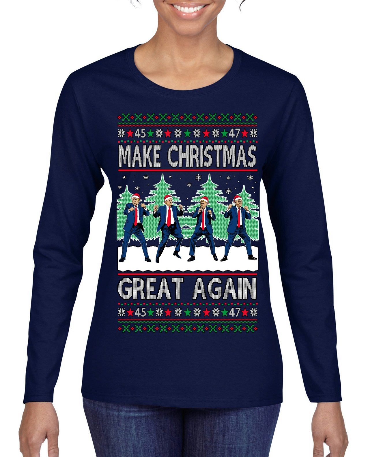 Make Christmas Great Again Shimmy Dance USA President Ugly Christmas Sweater Womens Graphic Long Sleeve T-Shirt