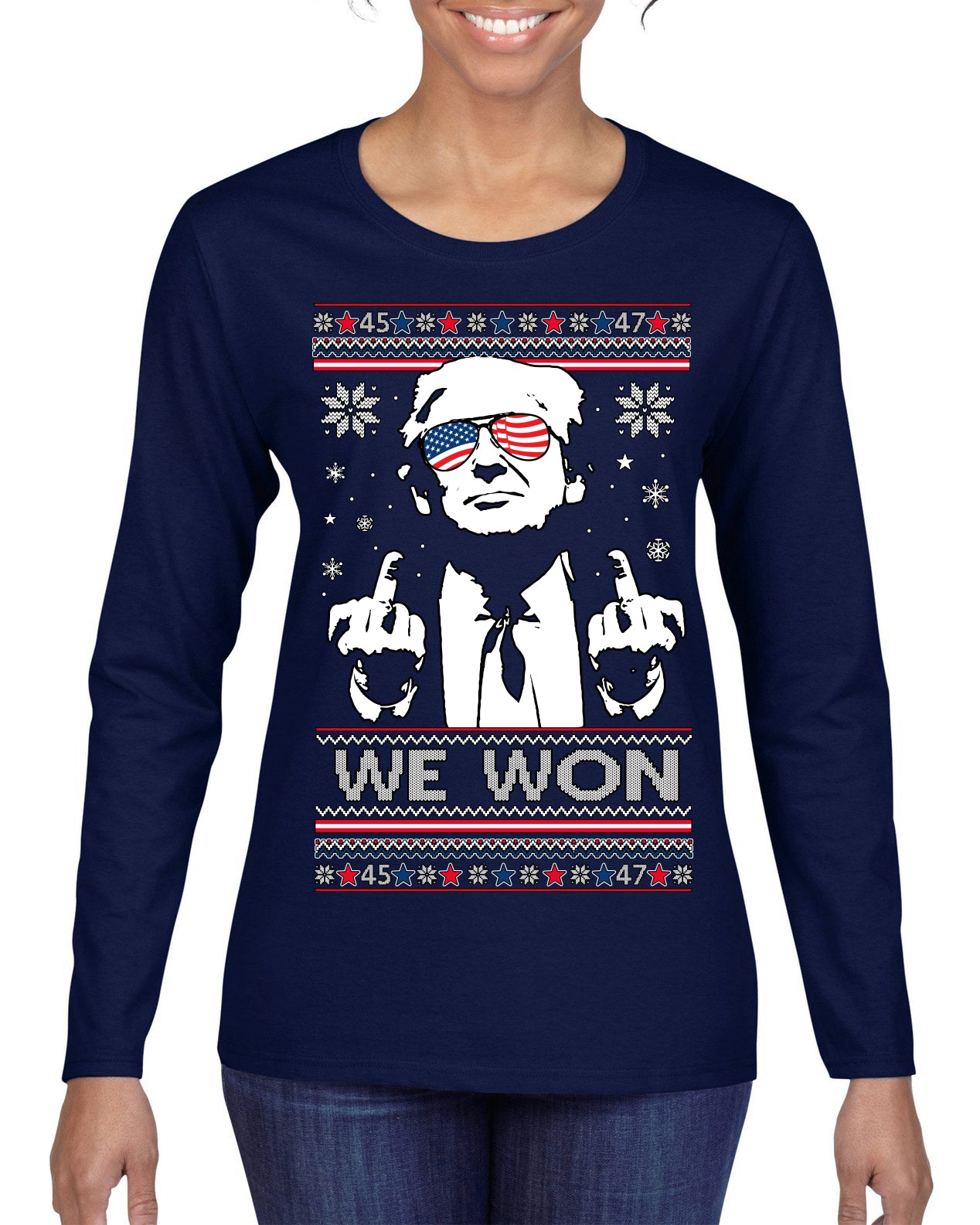 We Won Funny 45 47 President Trump Shot USA Glasses Ugly Christmas Sweater Womens Graphic Long Sleeve T-Shirt