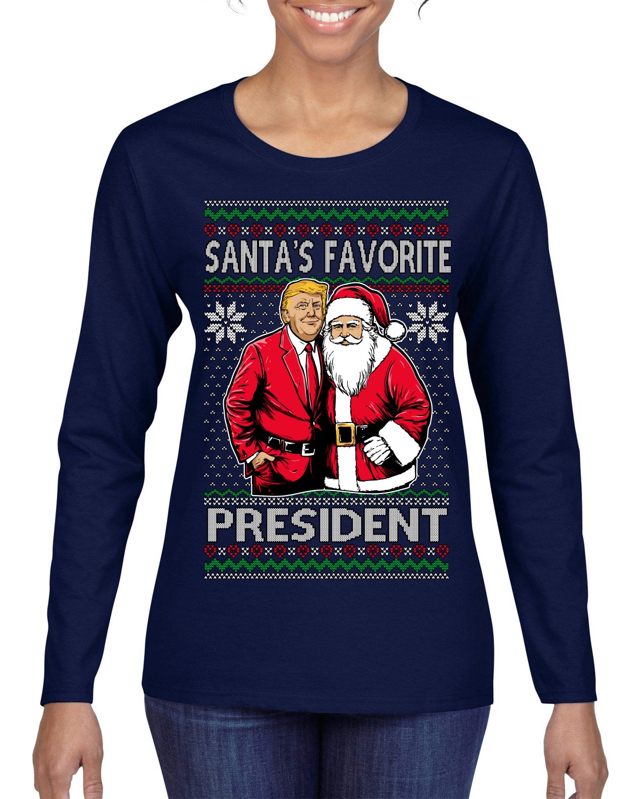 Santa's Favorite President Red Suit Trump Ugly Christmas Sweater Womens Graphic Long Sleeve T-Shirt
