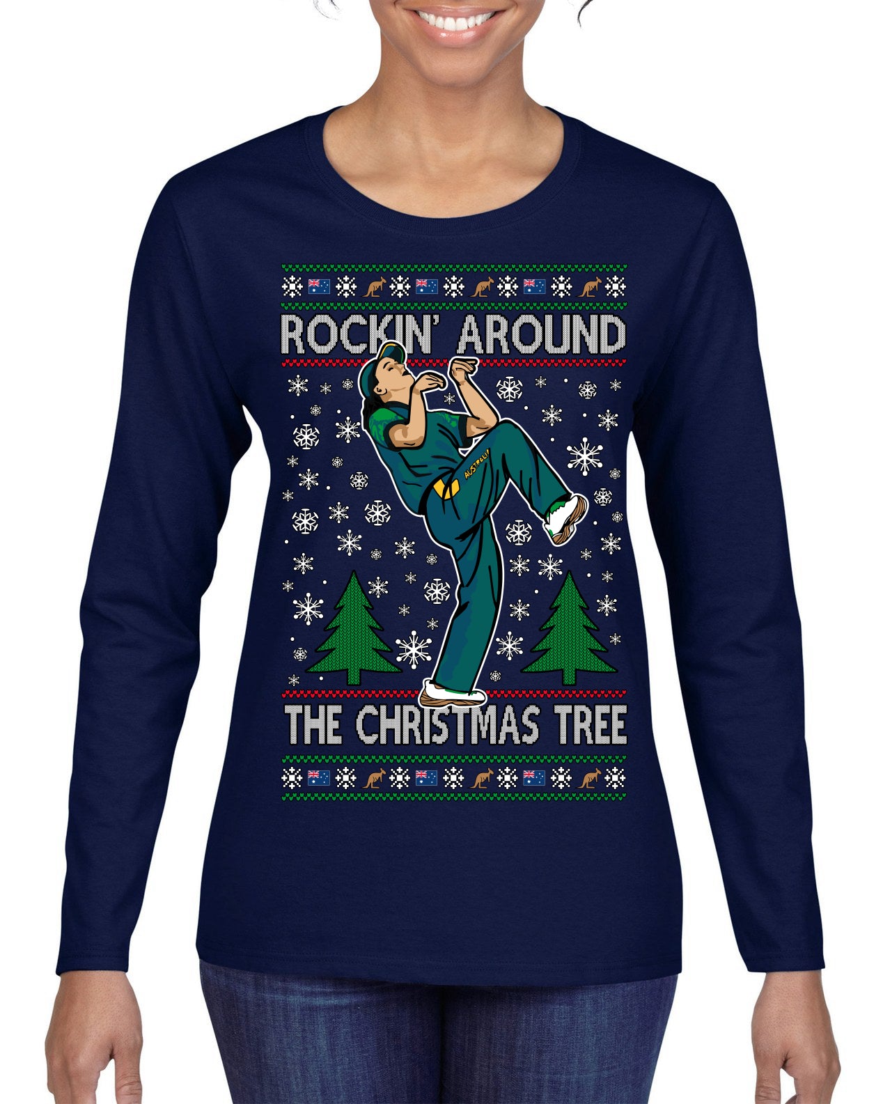 Rockin Around the Christmas Tree Raygun Viral Breakdancer Ugly Christmas Sweater Womens Graphic Long Sleeve T-Shirt