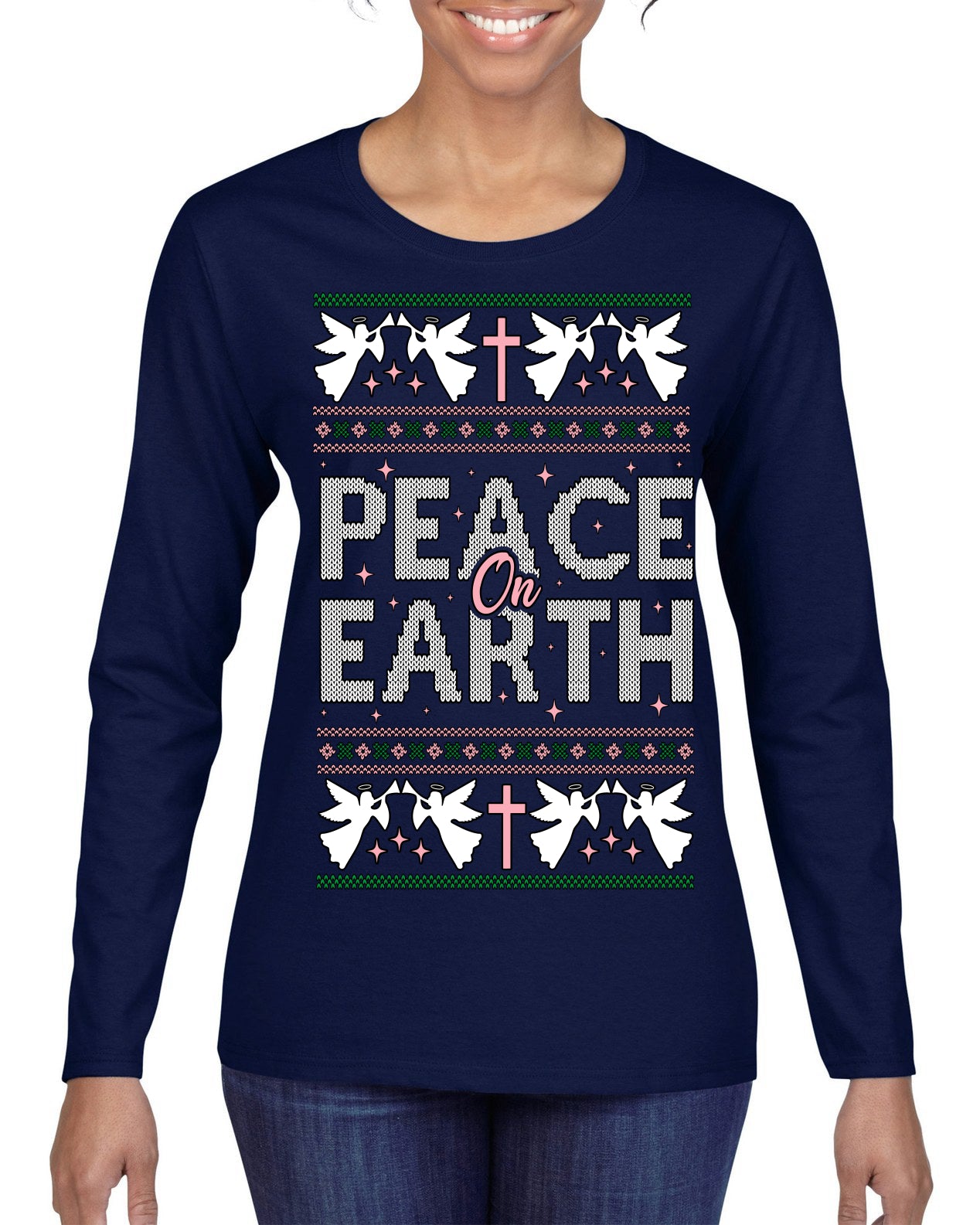 Peace On Earth Funny Xmas Cute Pink Angel Cross Ugly Christmas Sweater Womens Graphic Long Sleeve T-Shirt