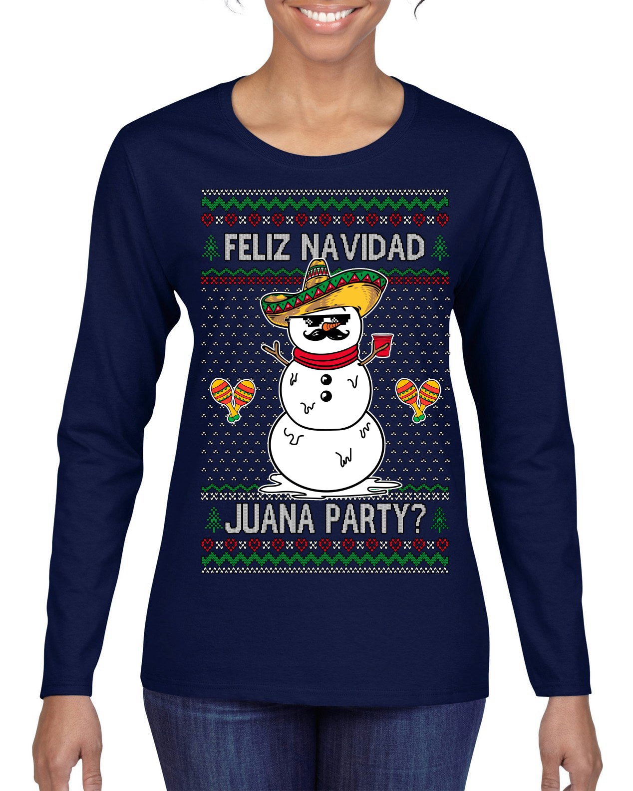 Feliz Navidad Juana Party Funny Spanish Drinking Cerveza Ugly Christmas Sweater Womens Graphic Long Sleeve T-Shirt