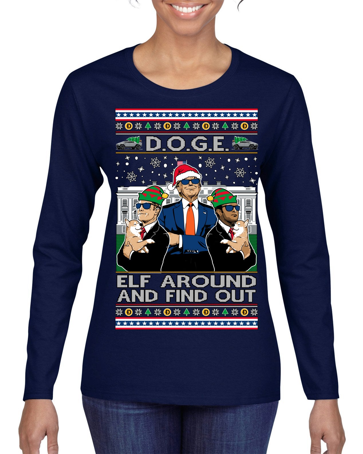 Doge Elf Around and Find Out Trump Elon Vivek MAGA Ugly Christmas Sweater Womens Graphic Long Sleeve T-Shirt
