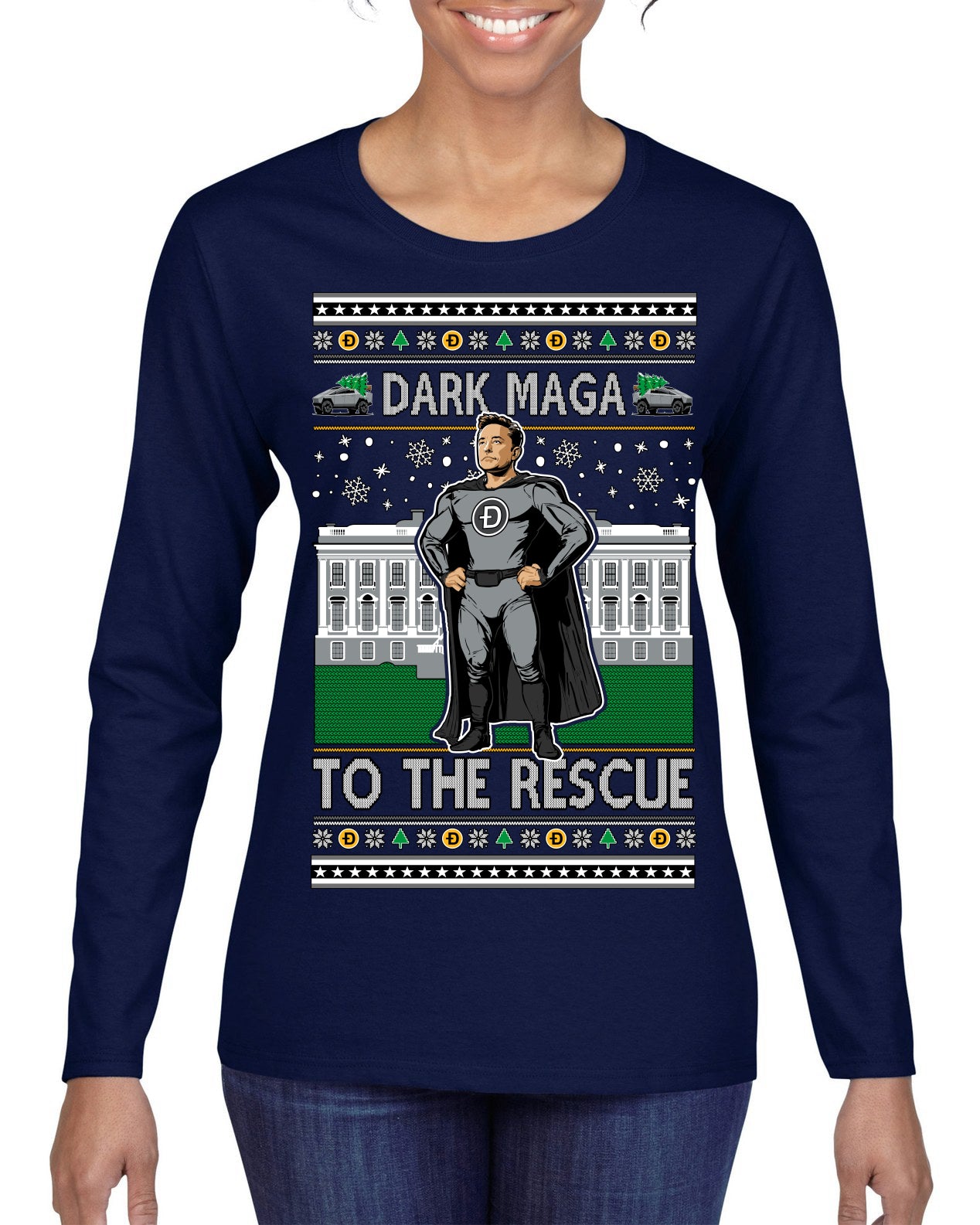 Dark MAGA to the Rescue Elon Superhero Doge Crypto Ugly Christmas Sweater Womens Graphic Long Sleeve T-Shirt