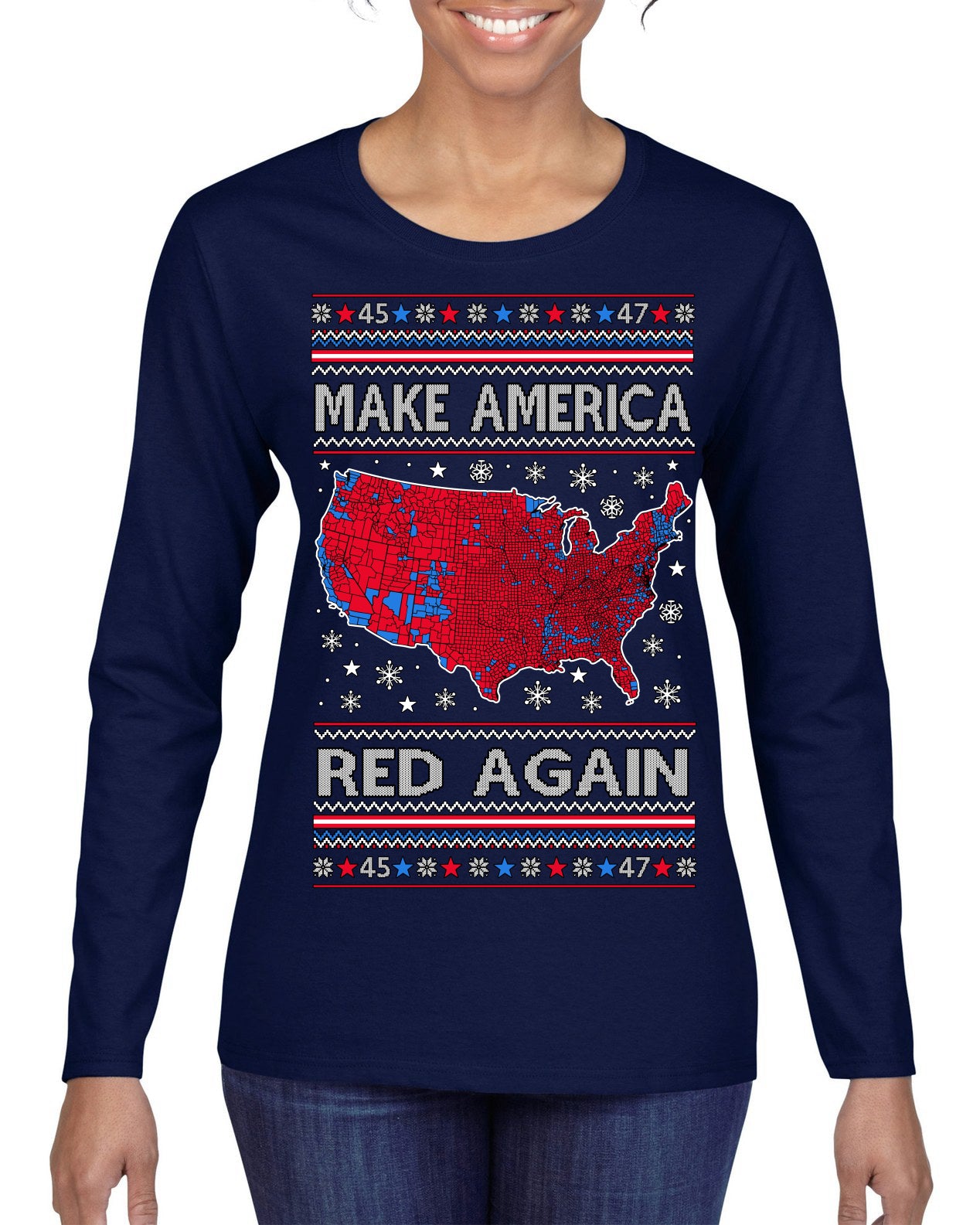 Make America Red Again USA Map Trump 2024 MAGA Ugly Christmas Sweater Womens Graphic Long Sleeve T-Shirt