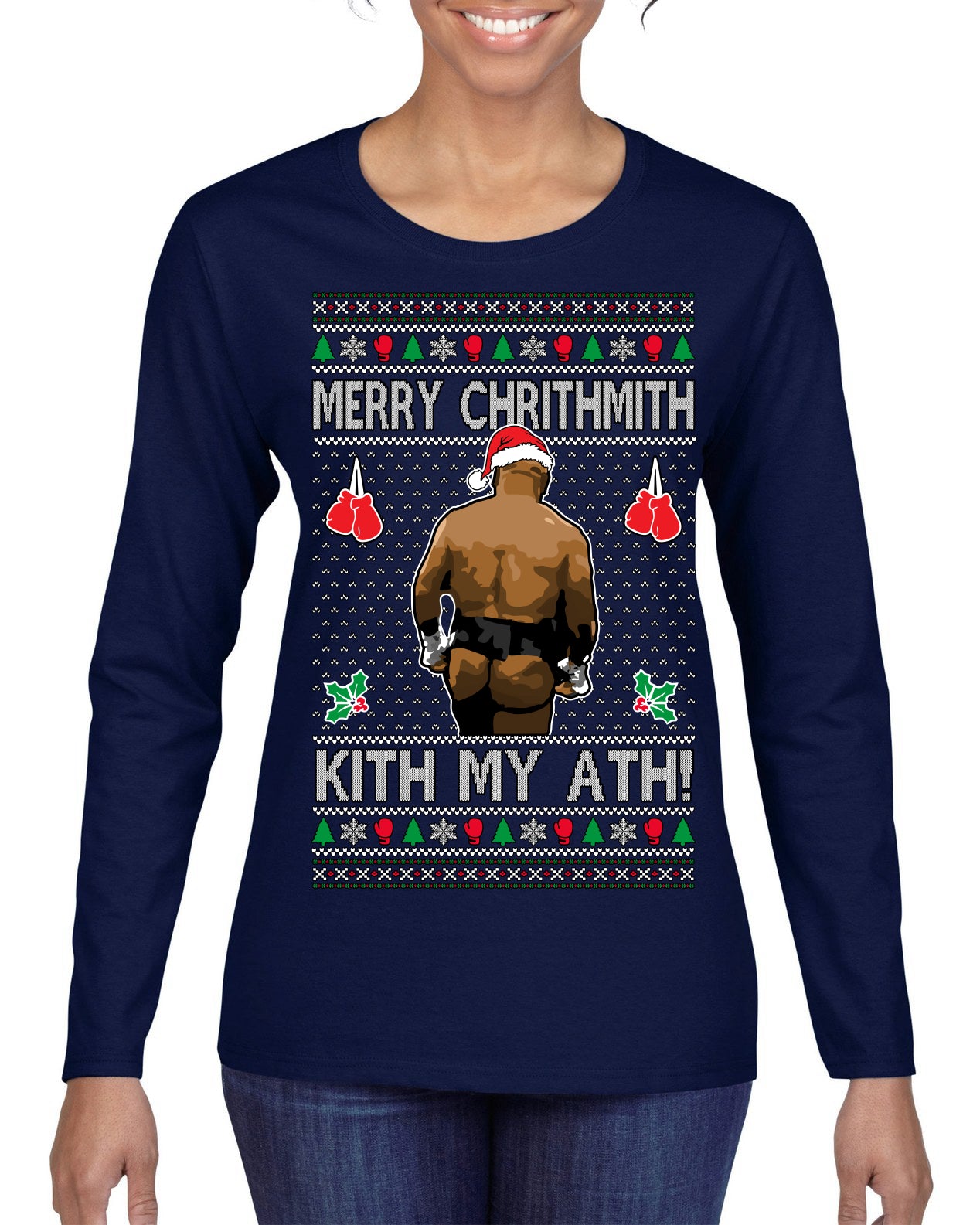Merry Chrithmith Kith My Ath, Butt Viral Kiss My Ass Boxing Fight Meme Ugly Christmas Sweater Womens Graphic Long Sleeve T-Shirt
