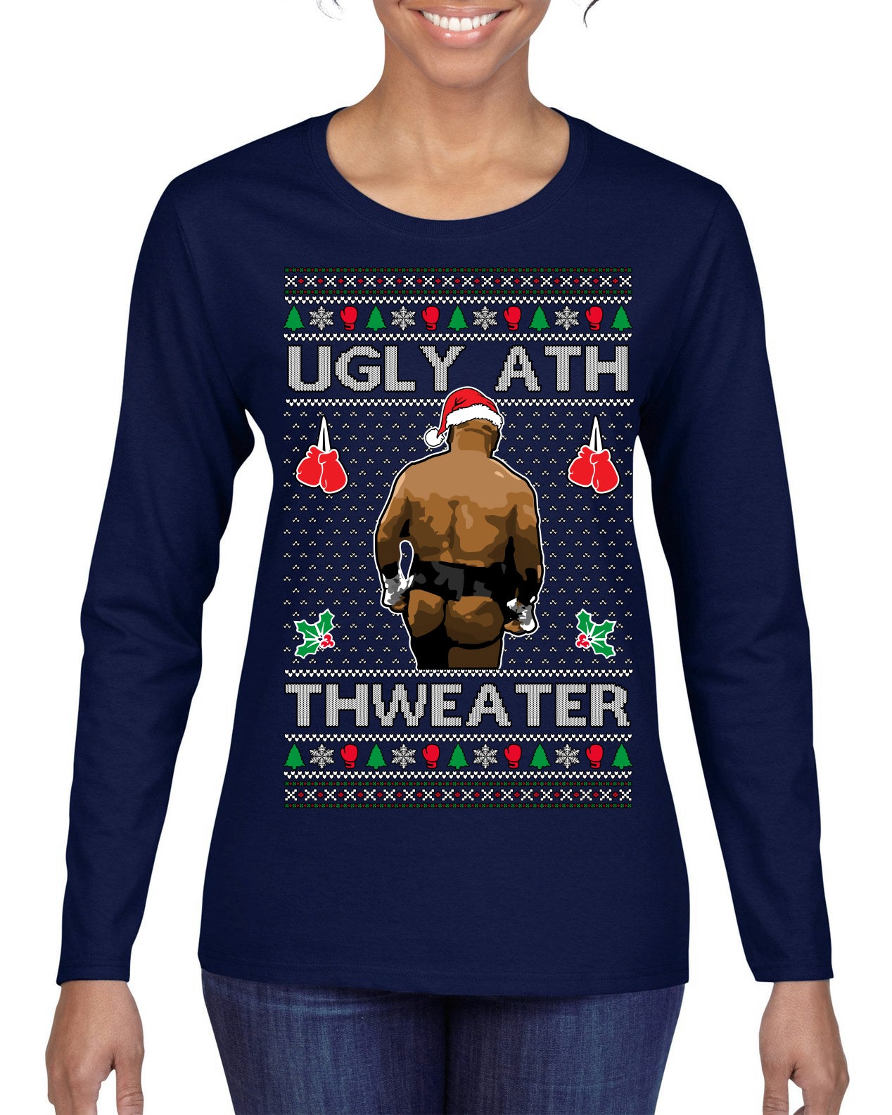 Ugly Ath Sweater Merry Chrithmith, Butt Viral Ugly Ass Boxing Fight Meme Ugly Christmas Sweater Womens Graphic Long Sleeve T-Shirt