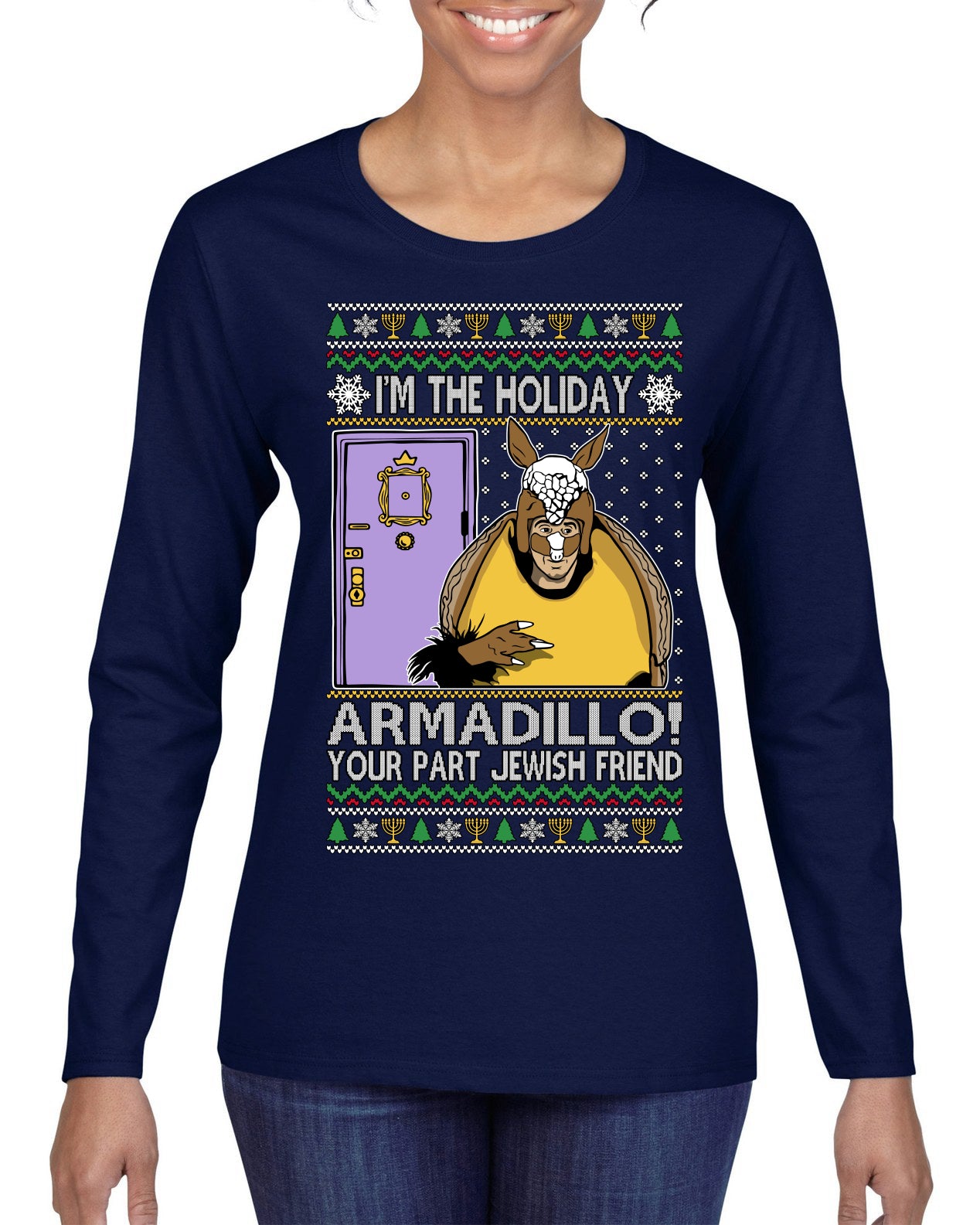 Holiday Armadillo Part Jewish TV Show Ugly Christmas Sweater Womens Graphic Long Sleeve T-Shirt