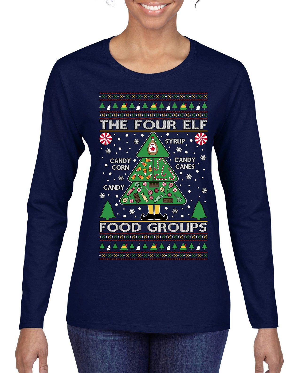 The Four Elf Food Groups Candy Canes Syrup Funny Ugly Christmas Sweater Womens Graphic Long Sleeve T-Shirt