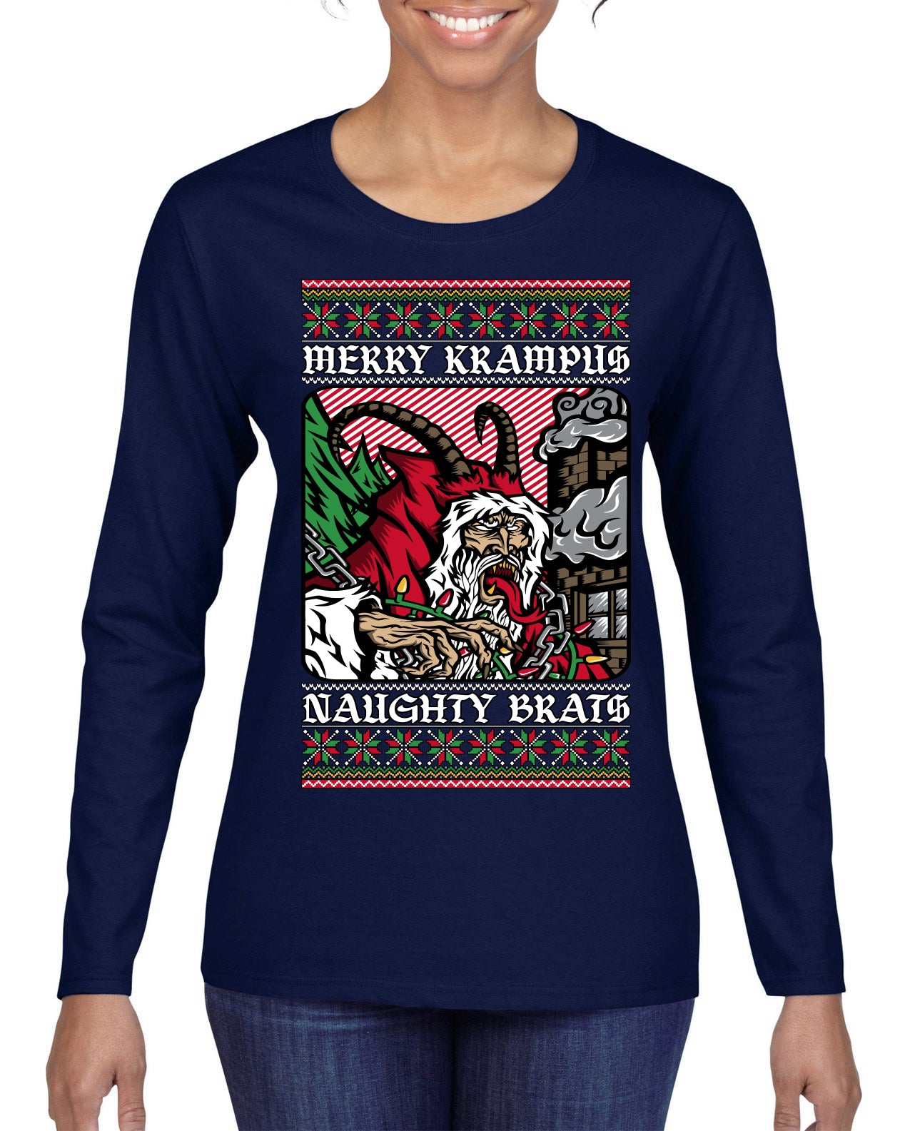 Merry Krampus Naughty Brats | Funny Ugly Christmas Sweater Womens Graphic Long Sleeve T-Shirt