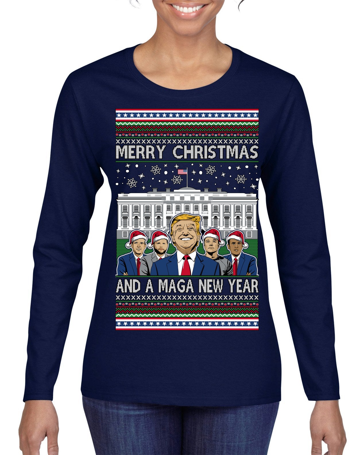 Merry Christmas and a MAGA New Year 2025 Ugly Christmas Sweater Womens Graphic Long Sleeve T-Shirt