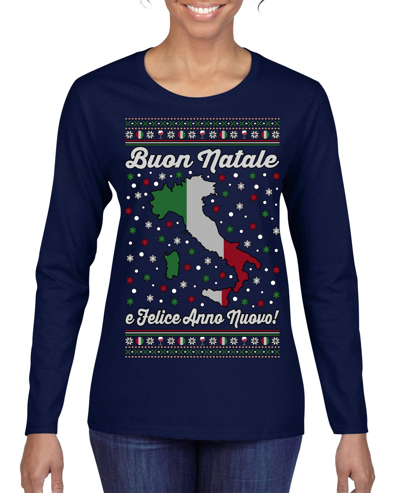 Buon Natale e Felice Anno Nuovo! Merry Christmas and Happy New Year Ugly Christmas Sweater Womens Graphic Long Sleeve T-Shirt
