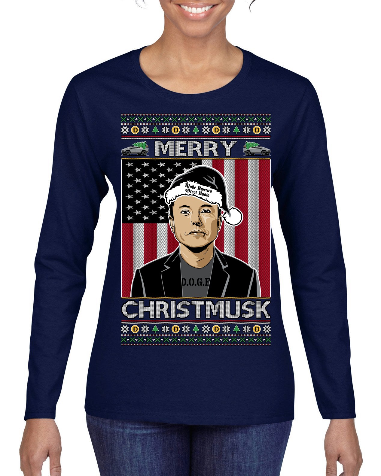 Merry Christmusk Funny Dark MAGA Santa Elon Doge Meme Ugly Christmas Sweater Womens Graphic Long Sleeve T-Shirt