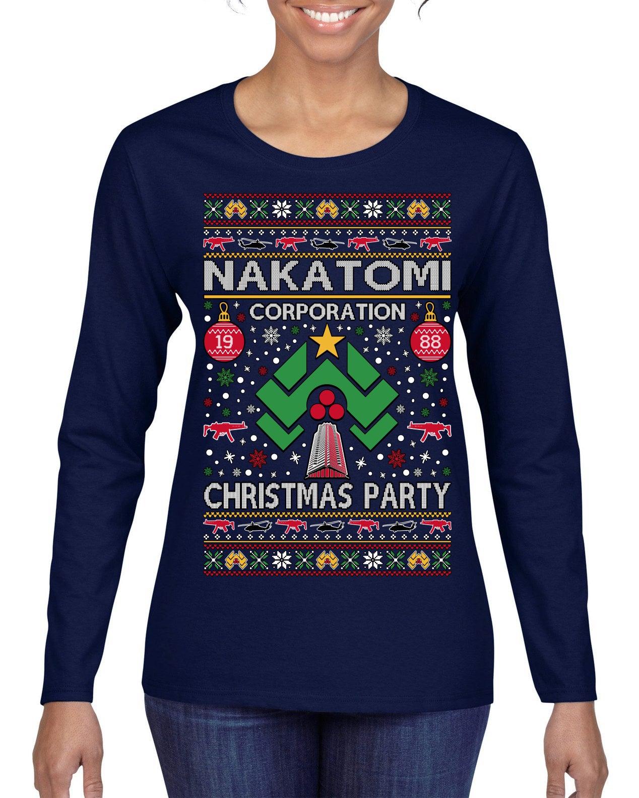 Nakatomi Corporation Christmas Party 1988 Plaza Logo, Classic Die Hard McClane 80s Xmas Movie Quote Ugly Christmas Sweater Womens Graphic Long Sleeve T-Shirt