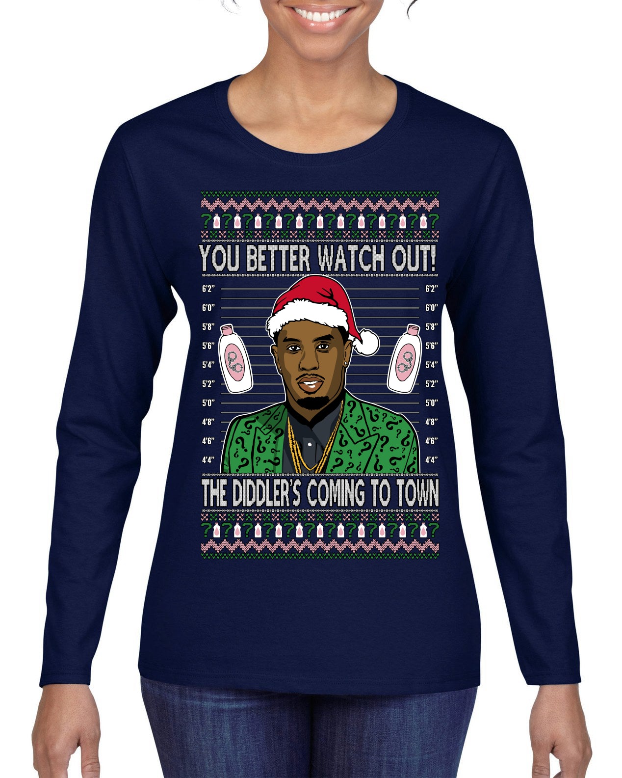 You Better Watch Out, the Diddler's Coming to Town, Funny Santa P Diddy Diddler Funny Party Viral Music Baby Oil Meme Ugly Christmas Sweater Womens Graphic Long Sleeve T-Shirt