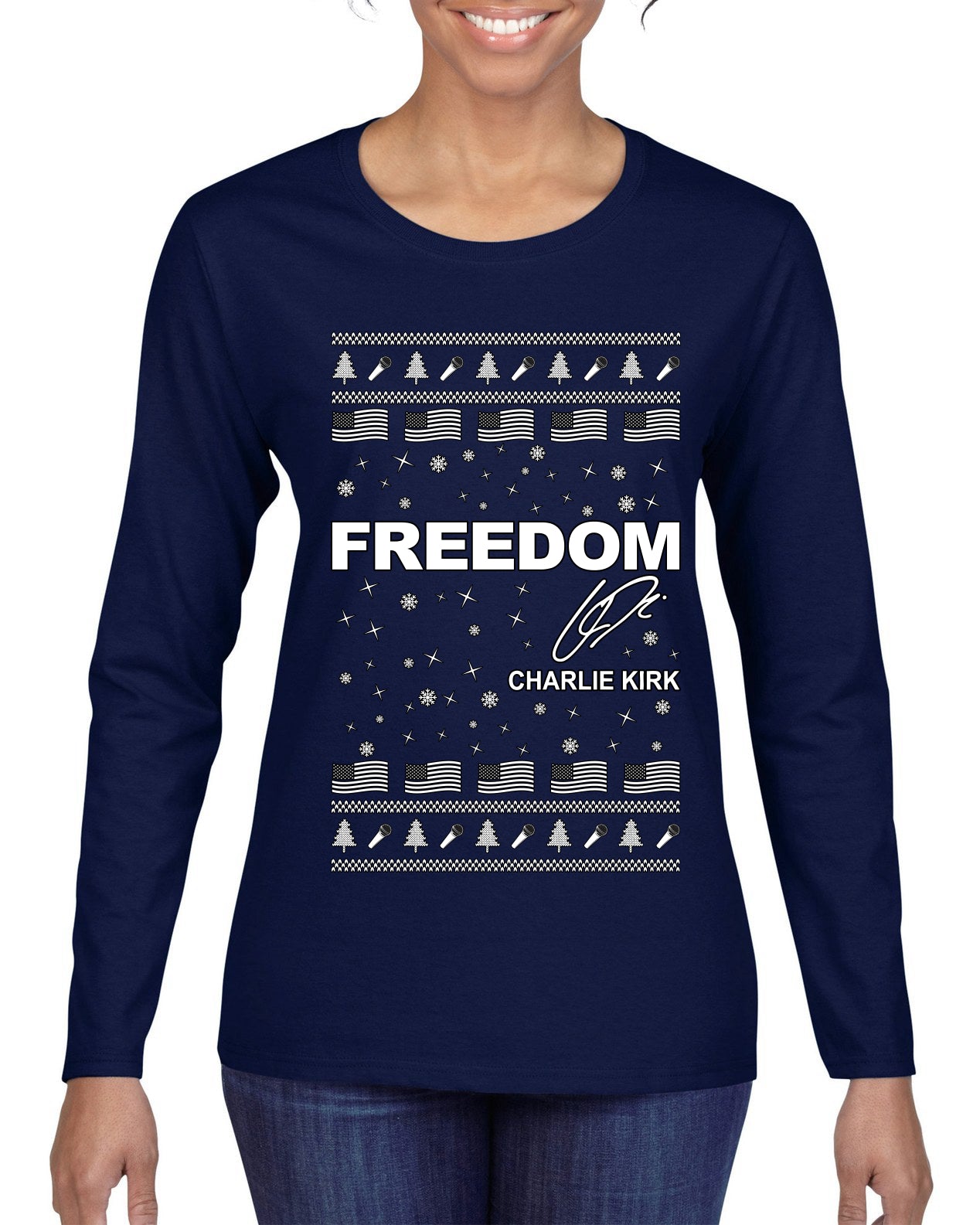 Freedom, Charlie Kirk Political Activist, Right Wing, Ugly Christmas Sweater Womens Graphic Long Sleeve T-Shirt