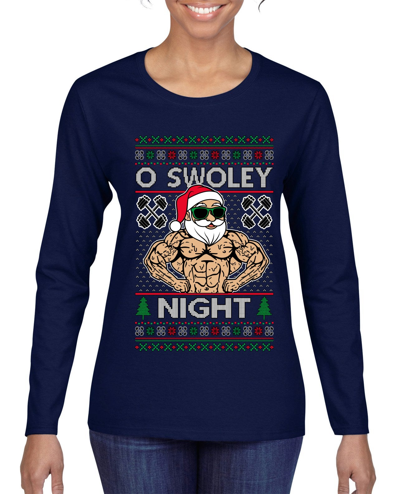 O Swoley Night, Exercise and Fitness Enthusiast, Ugly Christmas Sweater Womens Graphic Long Sleeve T-Shirt