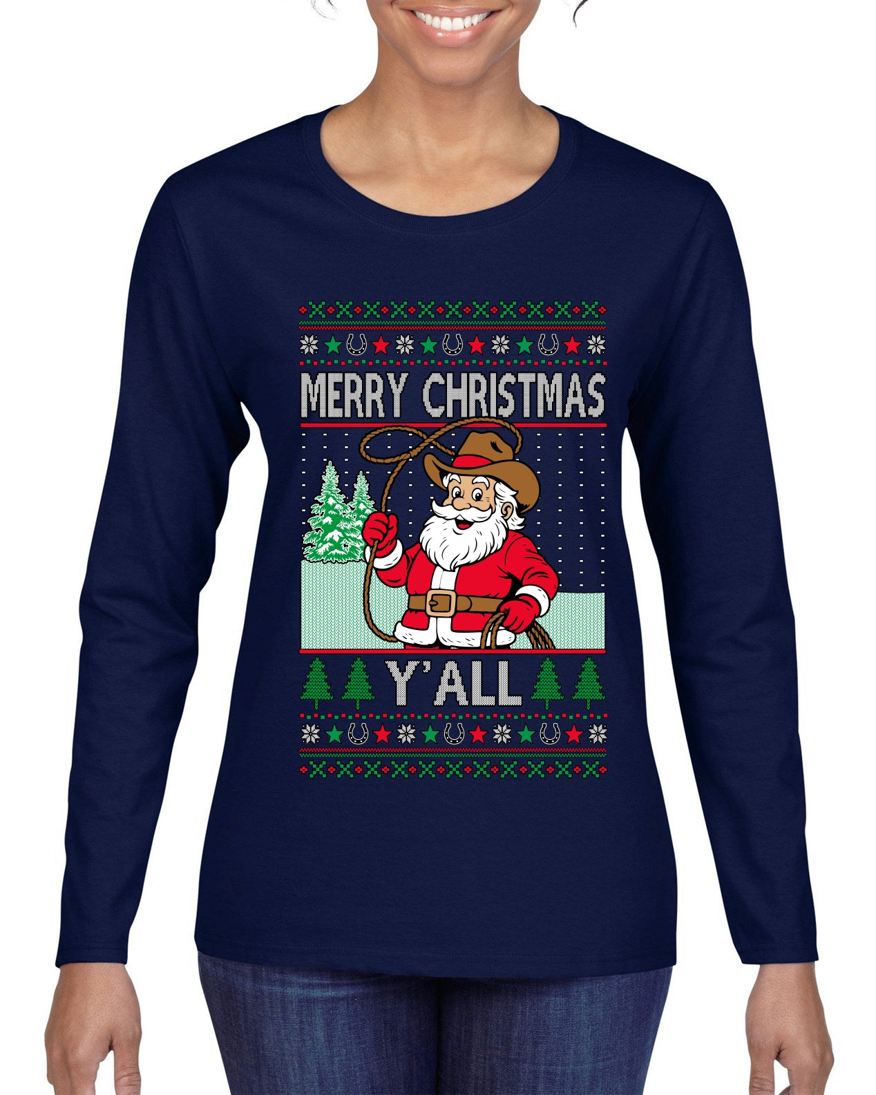 Merry Christmas Y'all Christmas Sweater, Ugly Christmas Sweater Womens Graphic Long Sleeve T-Shirt