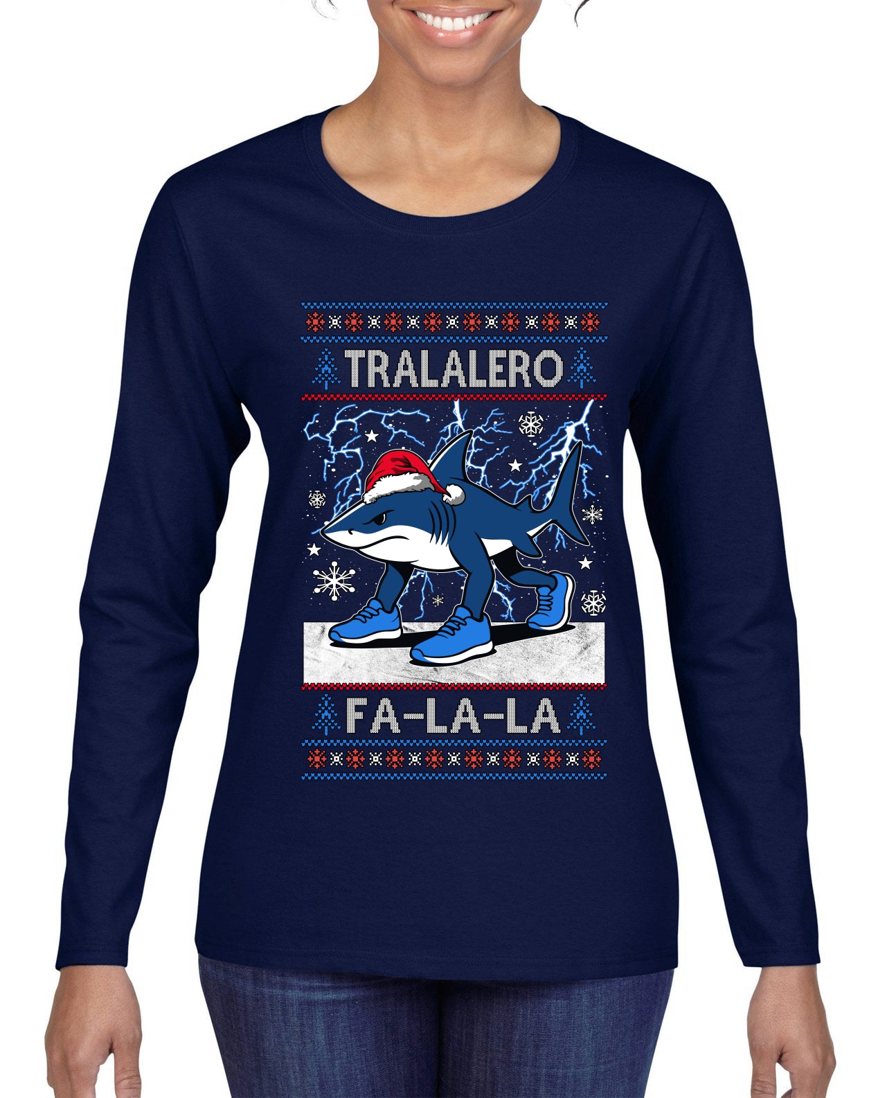 Tralalero Fa La La Brainrot, Ugly Christmas Sweater Womens Graphic Long Sleeve T-Shirt