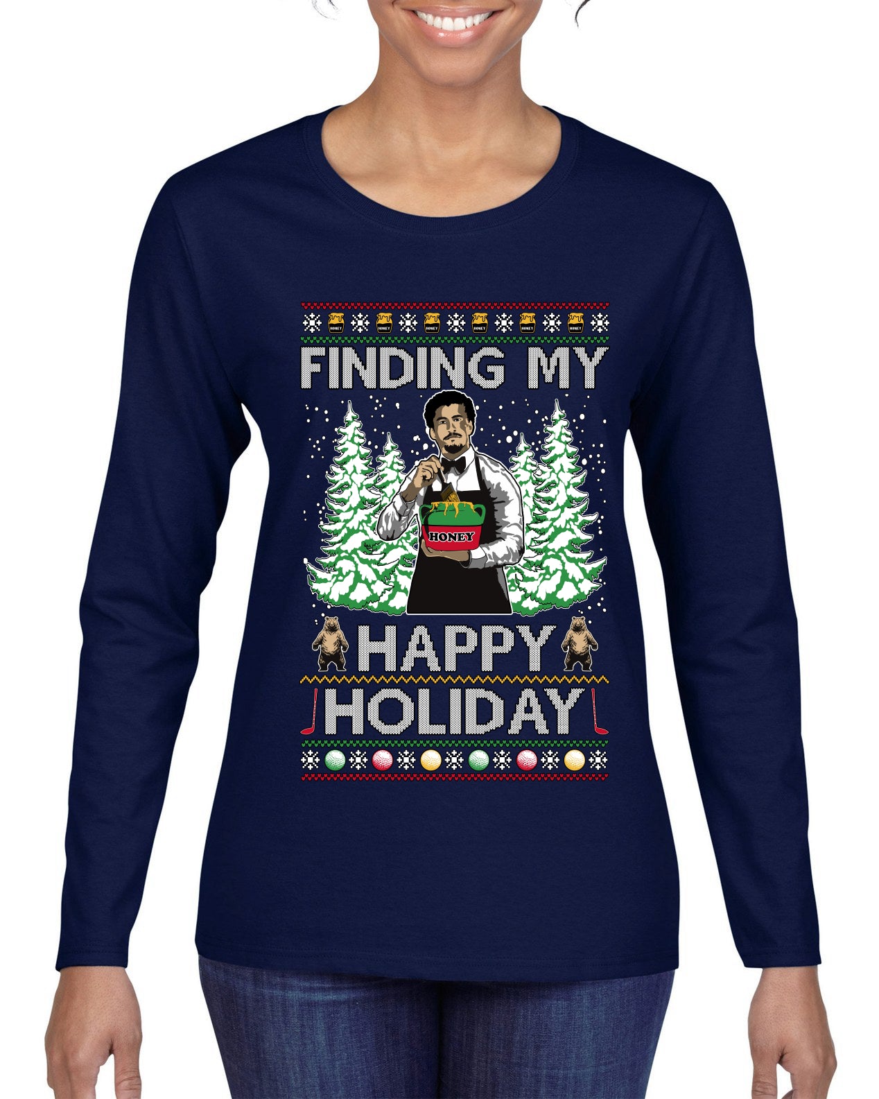 Finding My Happy Holiday, Ugly Christmas Sweater Womens Graphic Long Sleeve T-Shirt