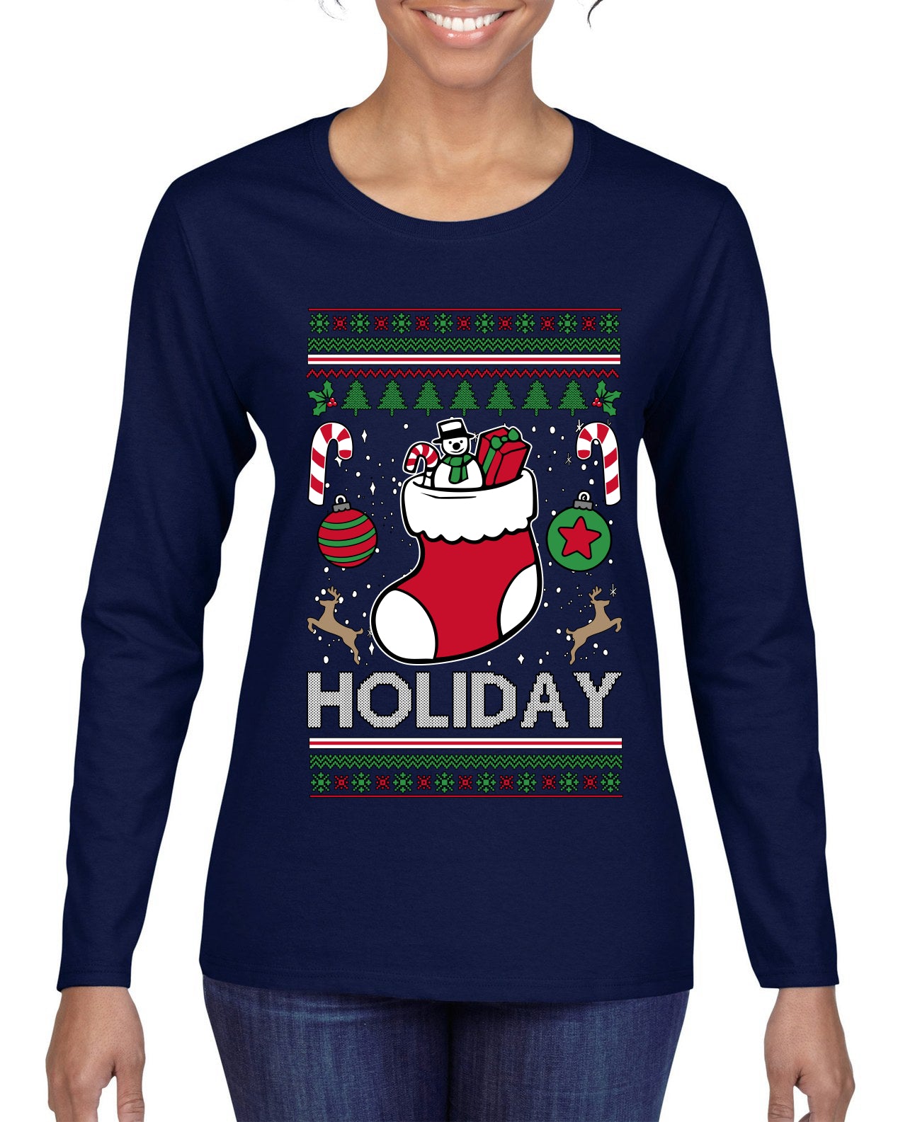 Holiday, Ugly Christmas Sweater Womens Graphic Long Sleeve T-Shirt