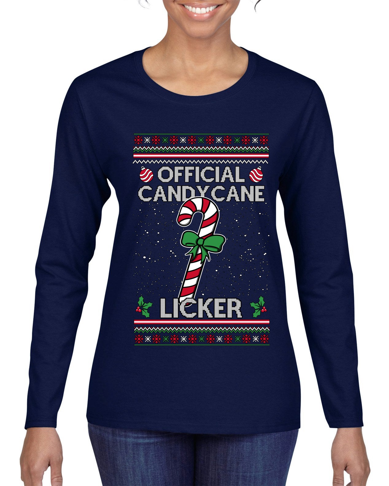 Official Candy Cane Licker, Ugly Christmas Sweater Womens Graphic Long Sleeve T-Shirt