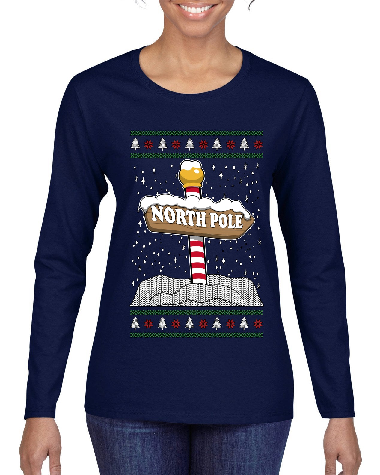 North Pole, Ugly Christmas Sweater Womens Graphic Long Sleeve T-Shirt