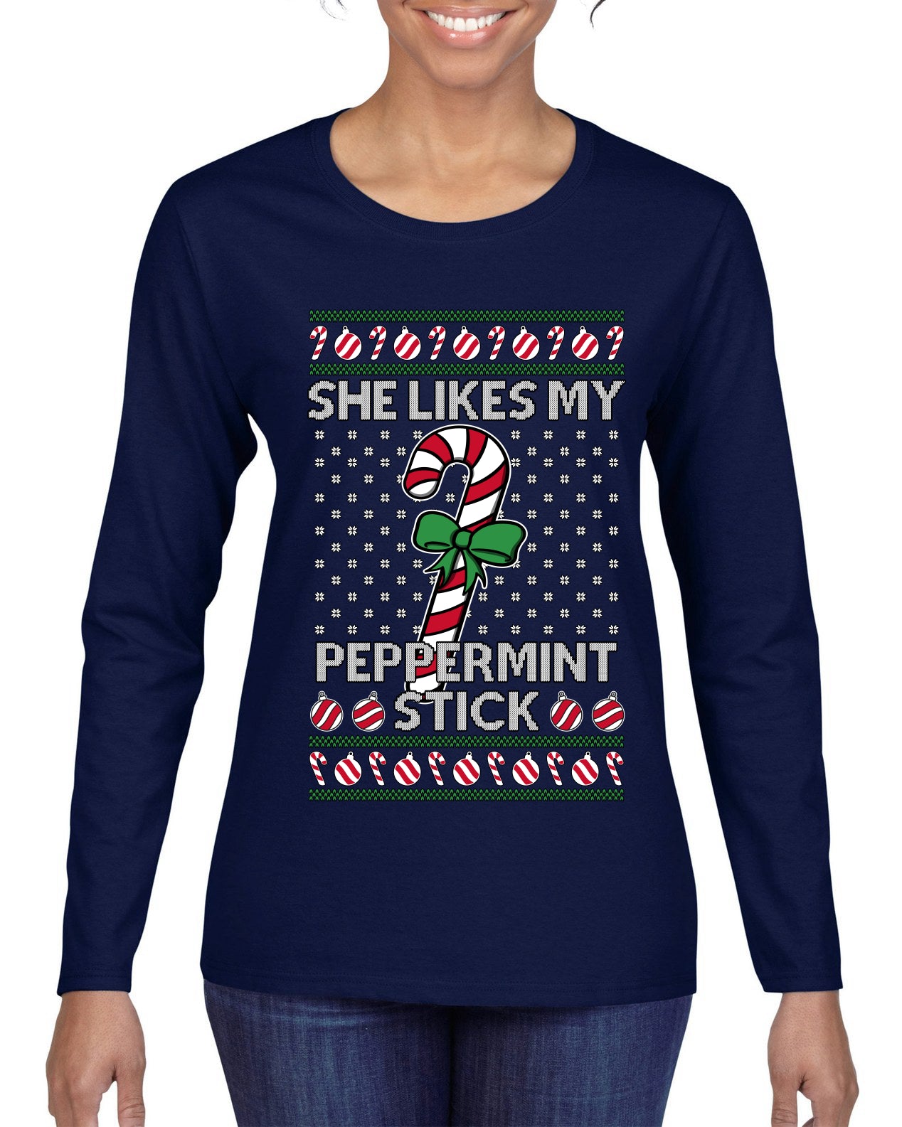 She Likes My Peppermint Stick, Ugly Christmas Sweater Womens Graphic Long Sleeve T-Shirt
