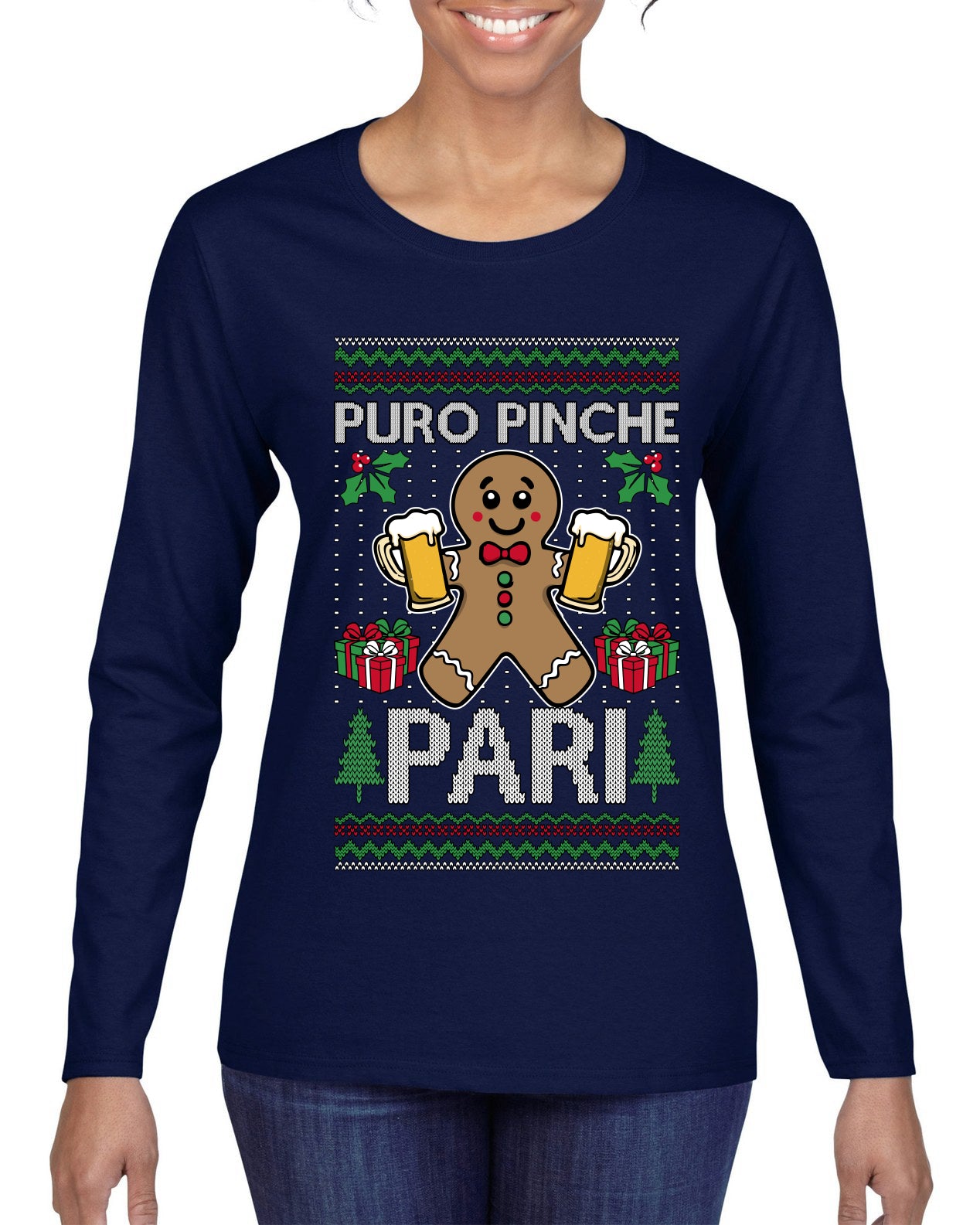 Puro Pinche Pari, Ugly Christmas Sweater Womens Graphic Long Sleeve T-Shirt