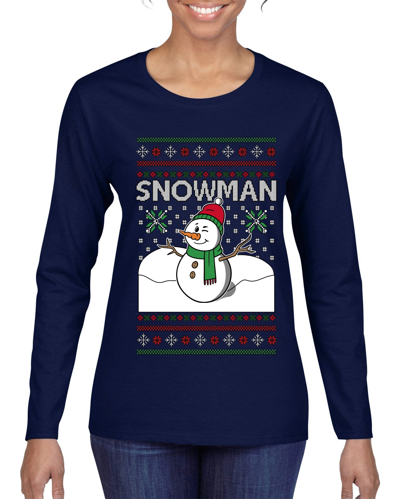 Snowman, Ugly Christmas Sweater Womens Graphic Long Sleeve T-Shirt