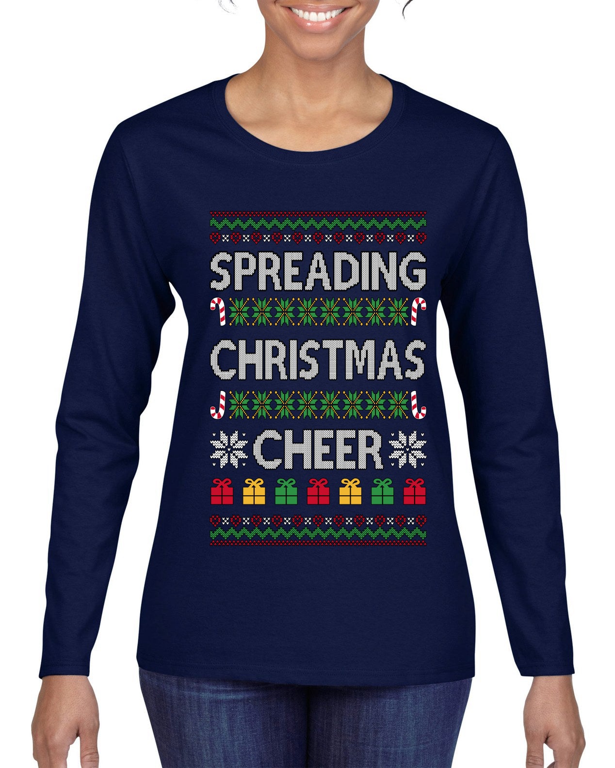 Spreading Christmas Cheer, Ugly Christmas Sweater Womens Graphic Long Sleeve T-Shirt