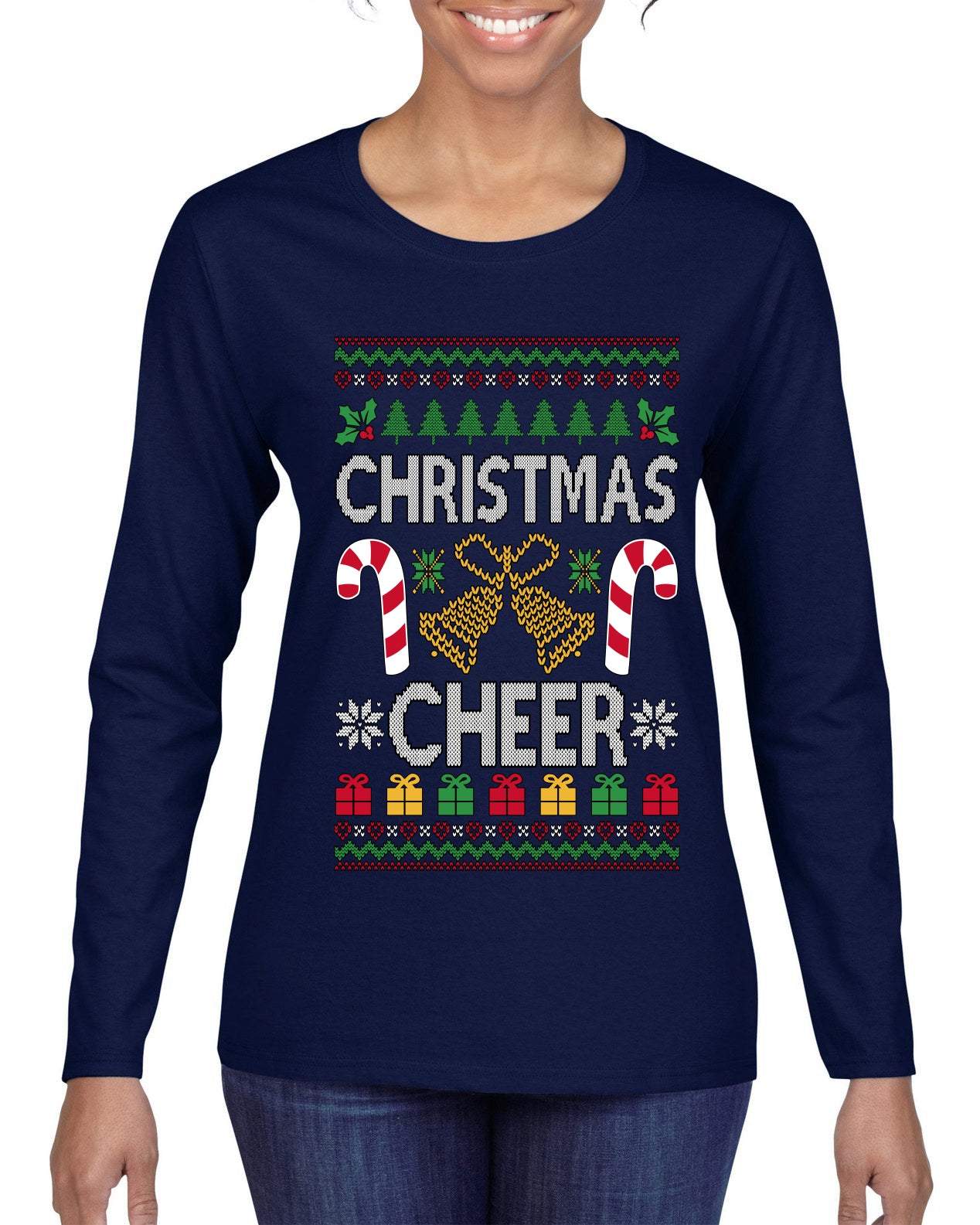 Christmas Cheer, Ugly Christmas Sweater Womens Graphic Long Sleeve T-Shirt