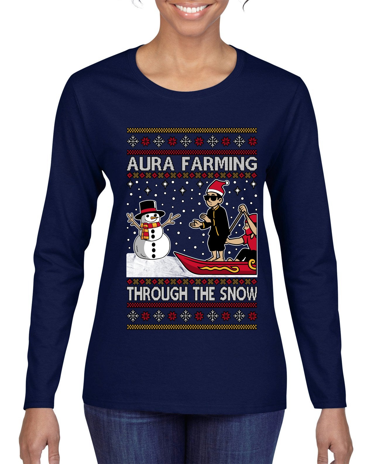 Aura Farming Through The Snow Meme, Ugly Christmas Sweater Womens Graphic Long Sleeve T-Shirt