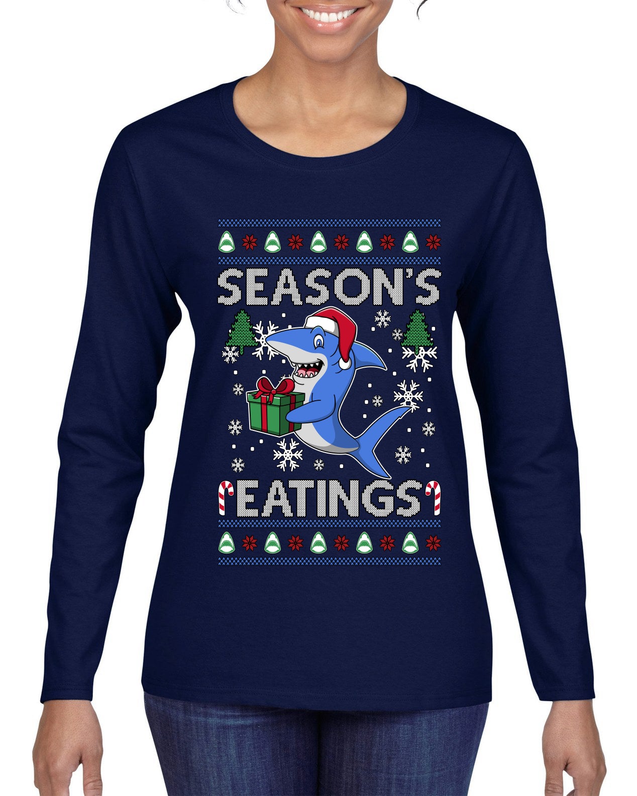 Season's Eatings Shark, Ugly Christmas Sweater Womens Graphic Long Sleeve T-Shirt