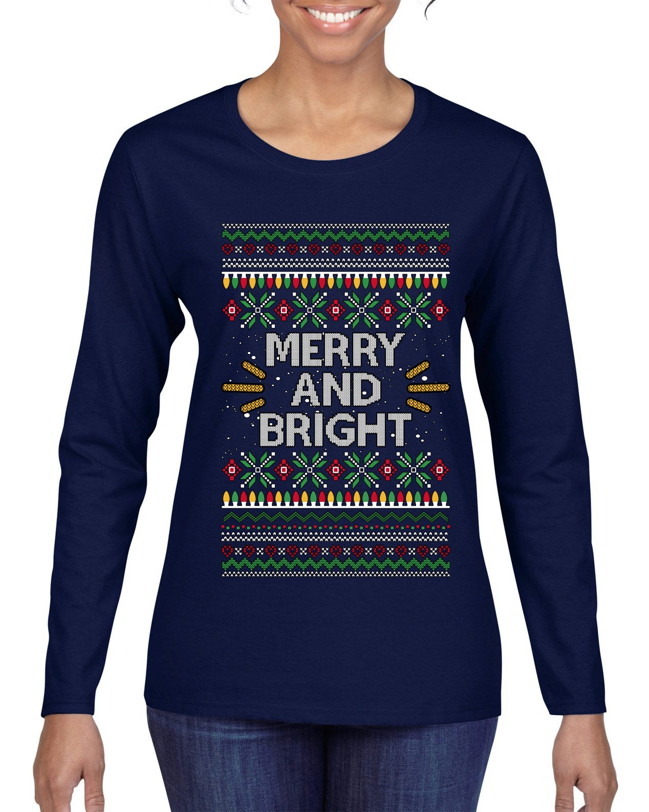 Merry And Bright, Ugly Christmas Sweater Womens Graphic Long Sleeve T-Shirt