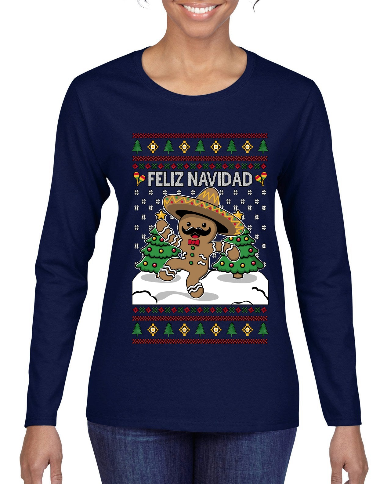Feliz Navidad Dancing Gingerbread Man, Ugly Christmas Sweater Womens Graphic Long Sleeve T-Shirt