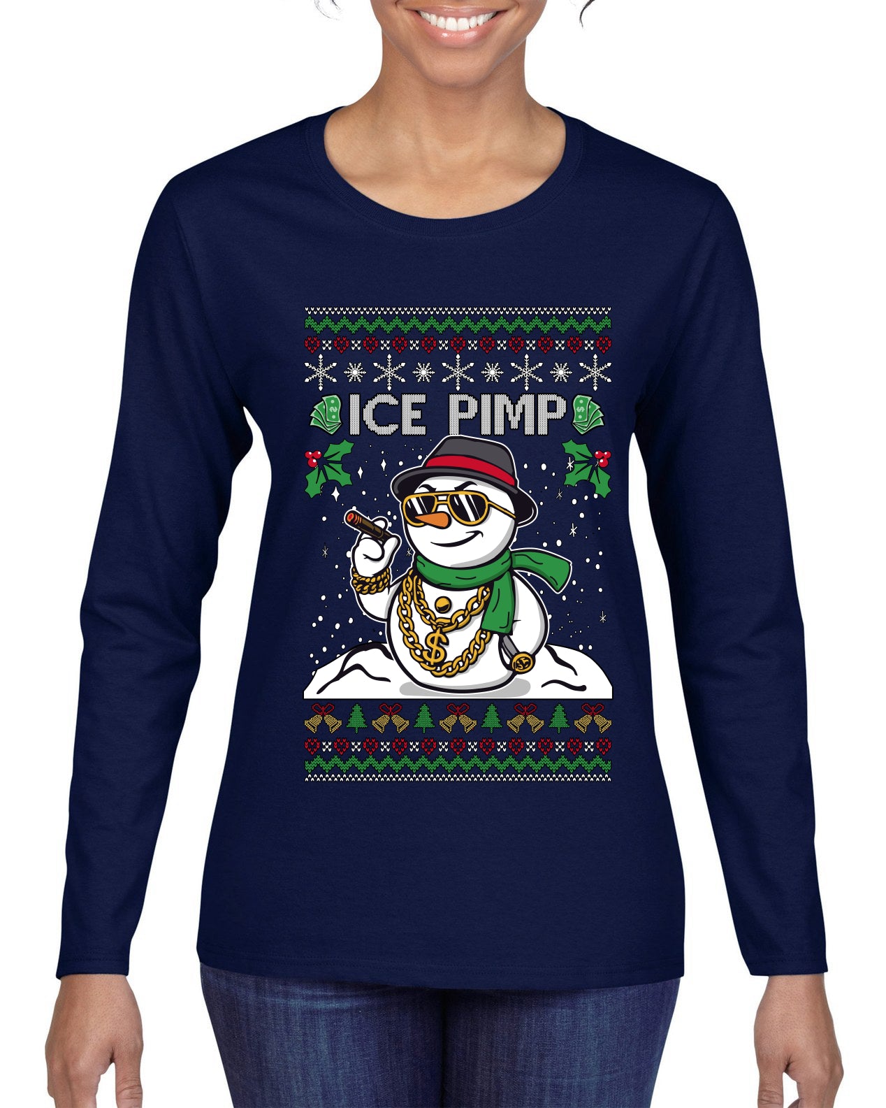 Ice Pimp, Ugly Christmas Sweater Womens Graphic Long Sleeve T-Shirt
