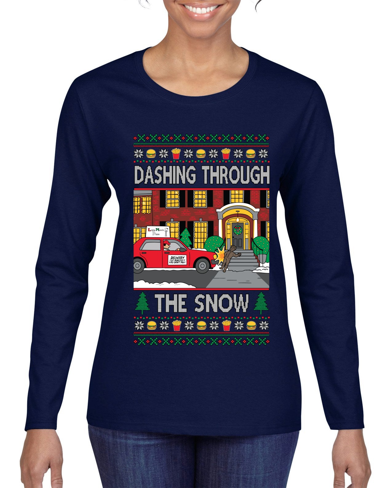 Dashing Through The Snow Classic 90s Holiday Movie, Ugly Christmas Sweater Womens Graphic Long Sleeve T-Shirt