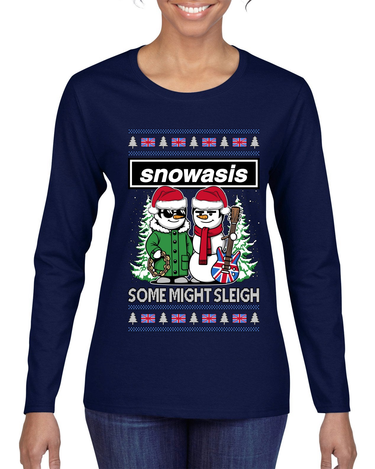 Snowasis English Rock Band Parody, Ugly Christmas Sweater Womens Graphic Long Sleeve T-Shirt