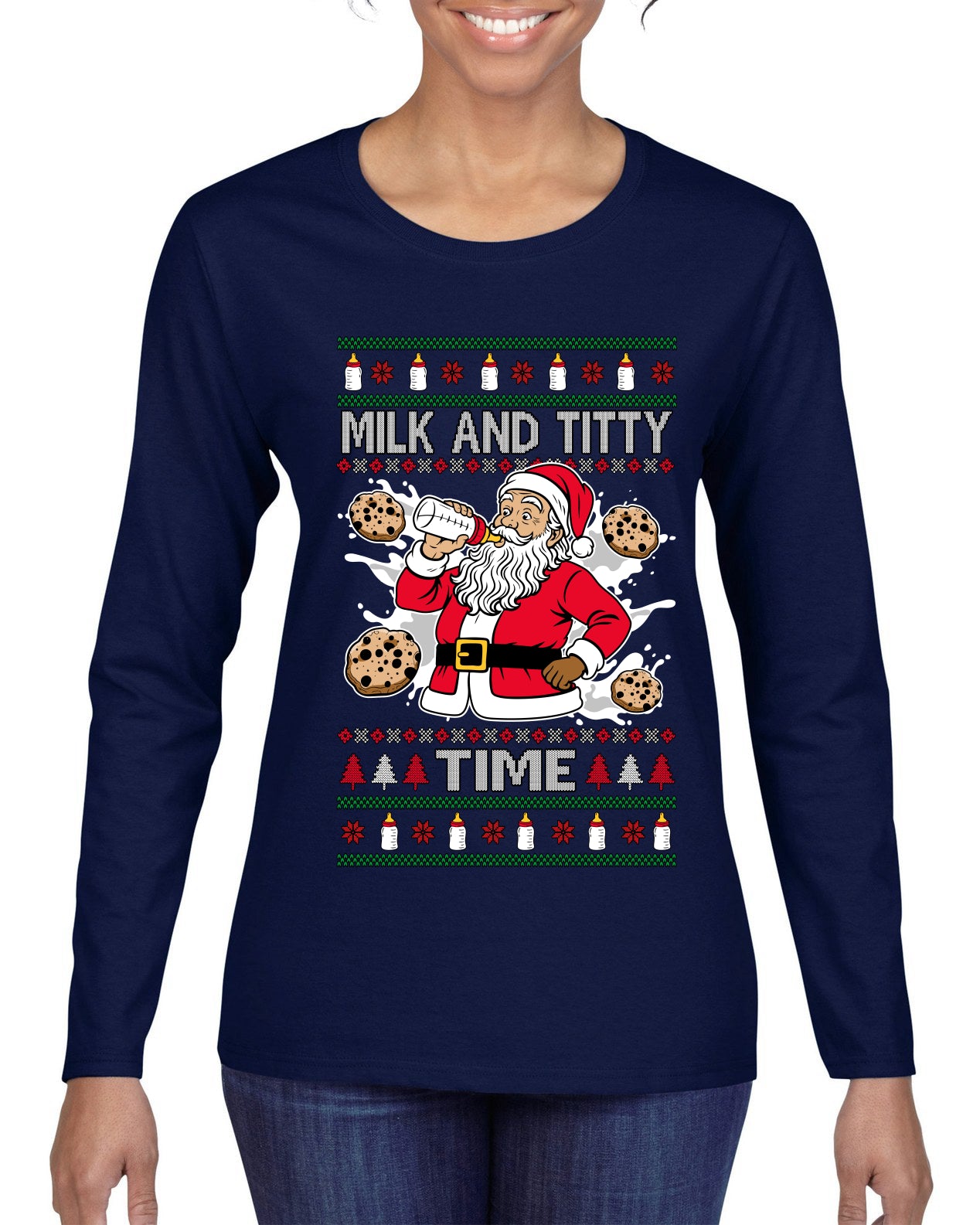 Milk And Titty Time, Ugly Christmas Sweater Womens Graphic Long Sleeve T-Shirt