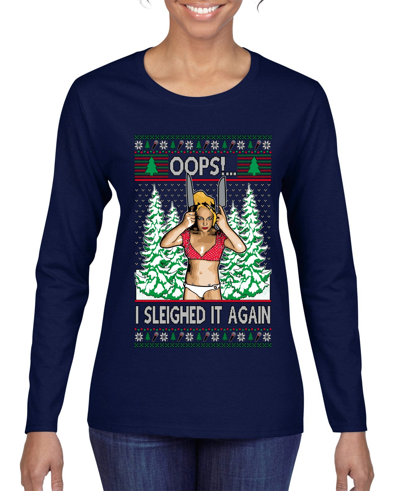 Funny, Knives Popstar Dancing, Music Lover Comedic Christmas Sweater Design, Ugly Christmas Sweater Womens Graphic Long Sleeve T-Shirt