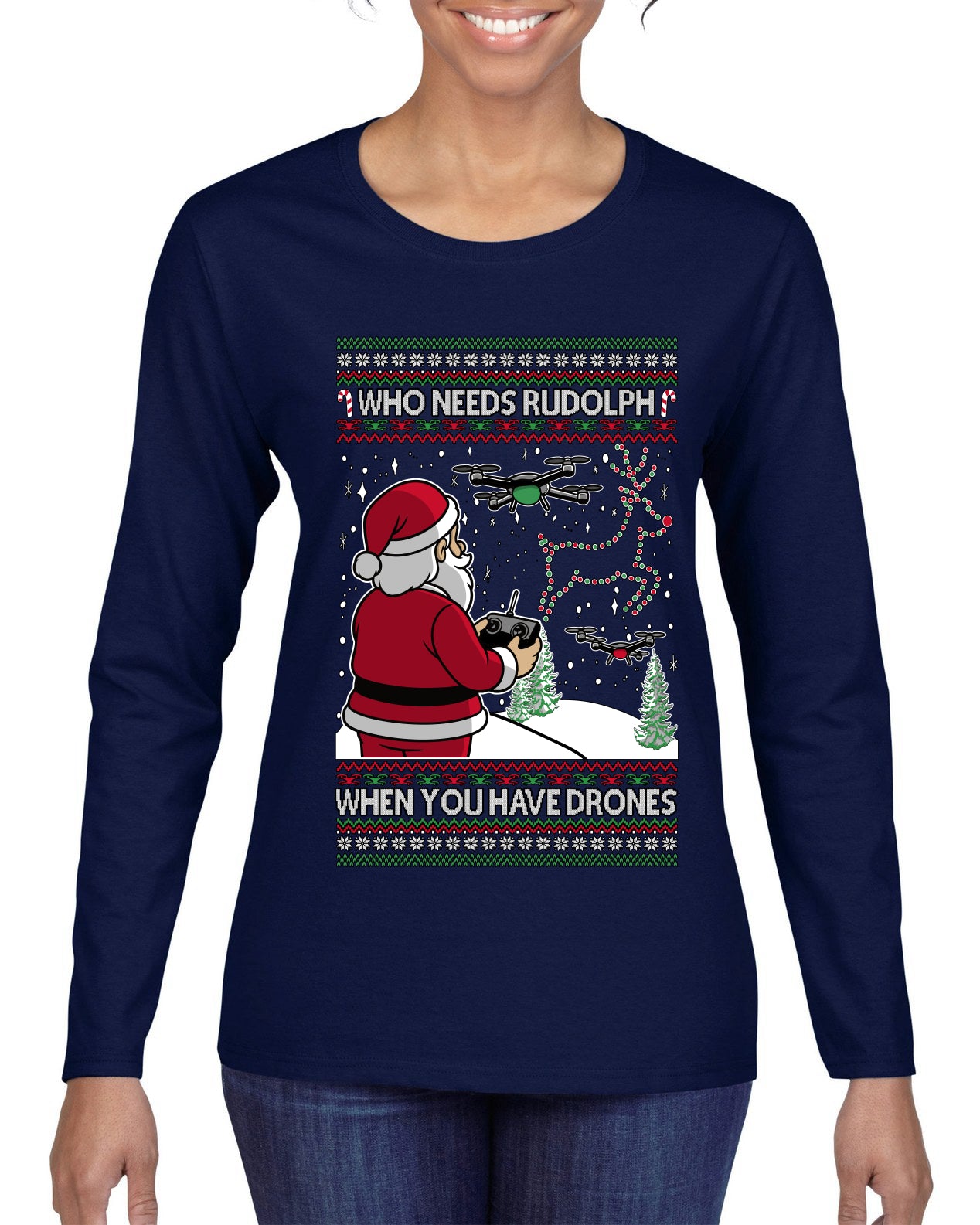 Santa Drone Show Reindeer, Ugly Christmas Sweater Womens Graphic Long Sleeve T-Shirt