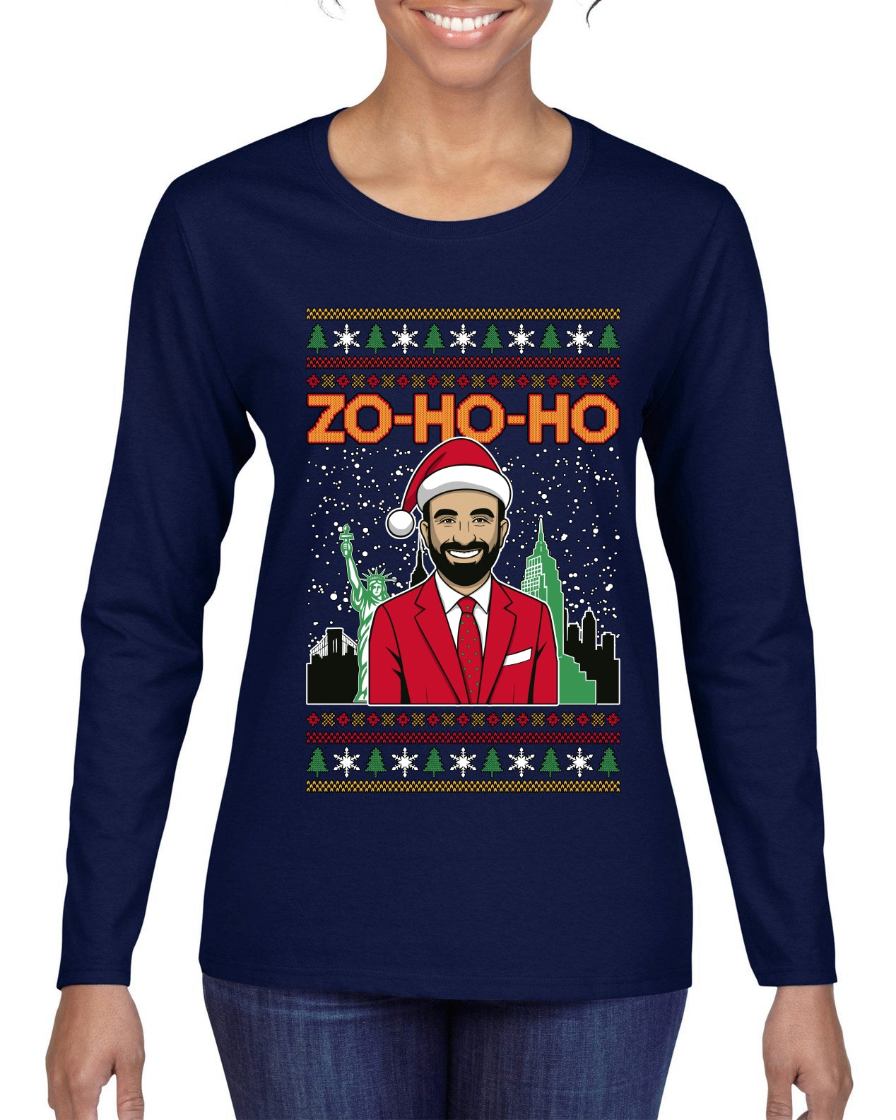 Zo Ho Ho Zohran Mamdani NYC, Ugly Christmas Sweater Womens Graphic Long Sleeve T-Shirt