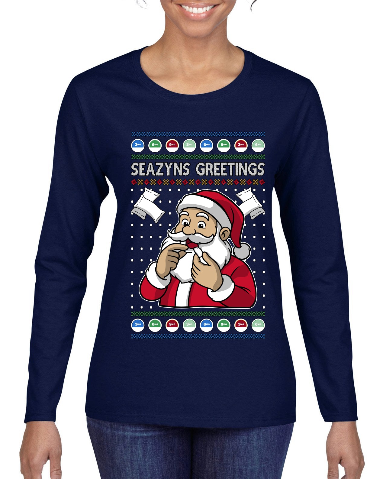 Seazyns Greeting Santa Packing Lip Pouch, Ugly Christmas Sweater Womens Graphic Long Sleeve T-Shirt